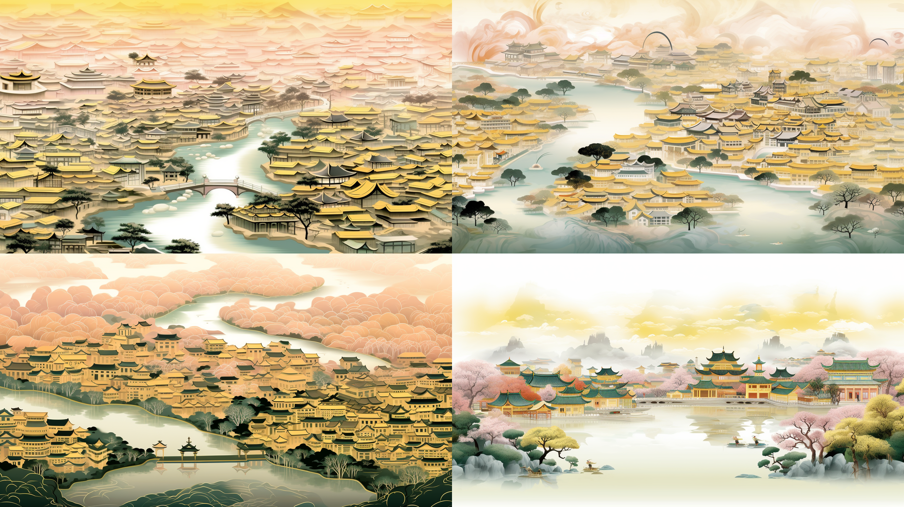 jiangnan city vector map, golden buildings, jiangnan style, poster art, thick lines, smooth lines, classical themes, delicate and realistic style, fine character design, white background, bright colors, symmetrical composition, rich details, ethnic elements, modern sense, 3d design, visual impact. hd wallpapers,