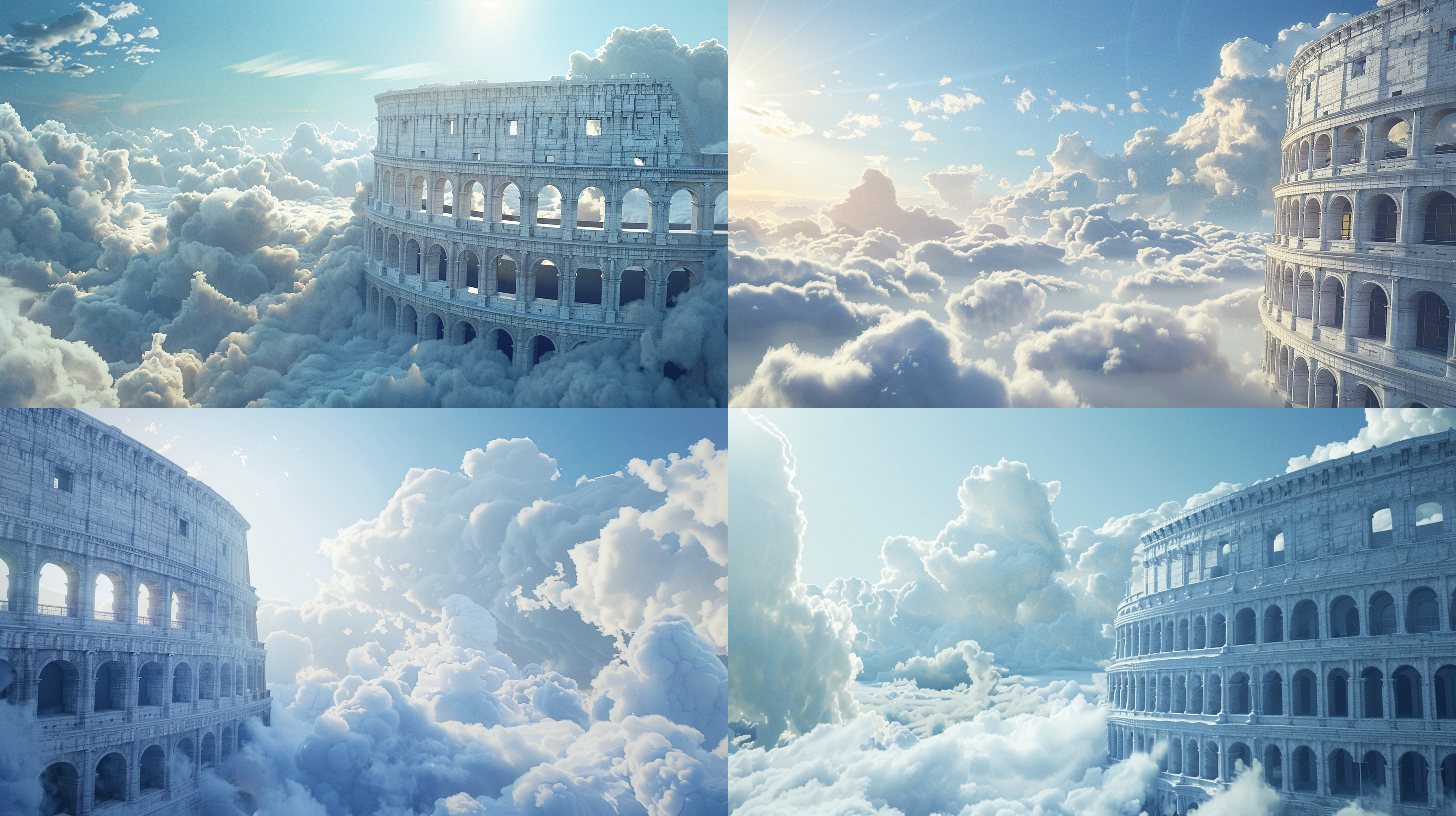 云朵组成的罗马斗兽场，天空为背景，白云质感，自然光线，3d渲染，c4d风格，细节丰富，立体感强，柔和光线，梦幻色彩，历史与自然的融合。