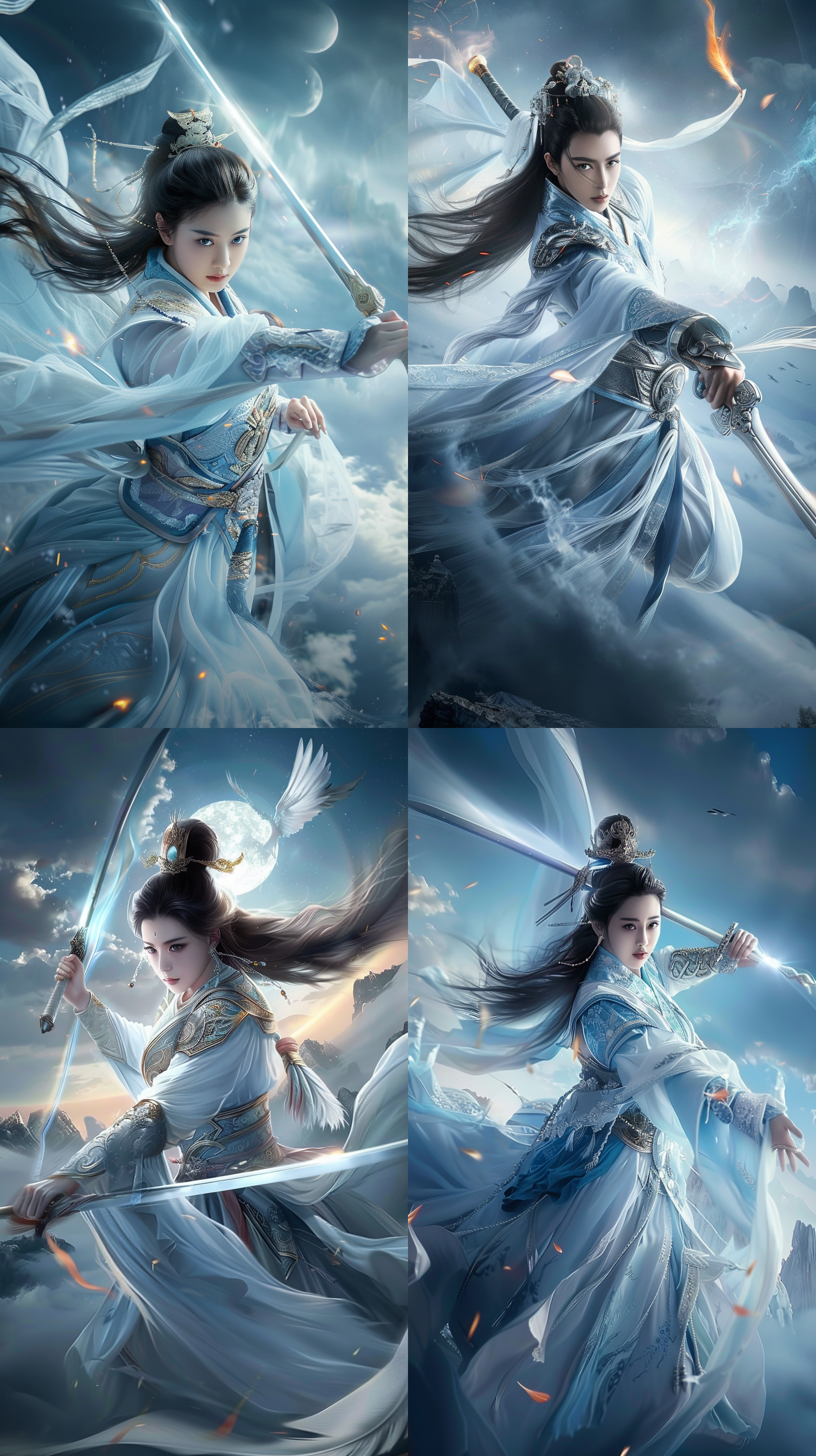 a chinese person wearing ancient costumes, flying with a sword in the world of metaphysics, plays the protagonist in the universe, and has a beautiful appearance. she is a female general