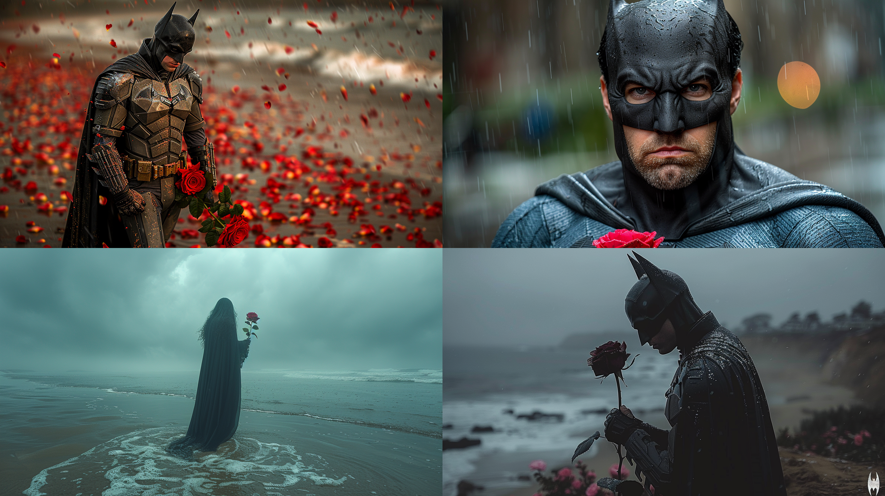 蝙蝠侠全身照，手持玫瑰，深情凝视镜头，背景波澜壮阔大海，低角度仰拍，暗调光影，神秘氛围，长焦镜头，冷暖色调对比，英雄柔情，戏剧性构图，动态静止。 海滩 正视