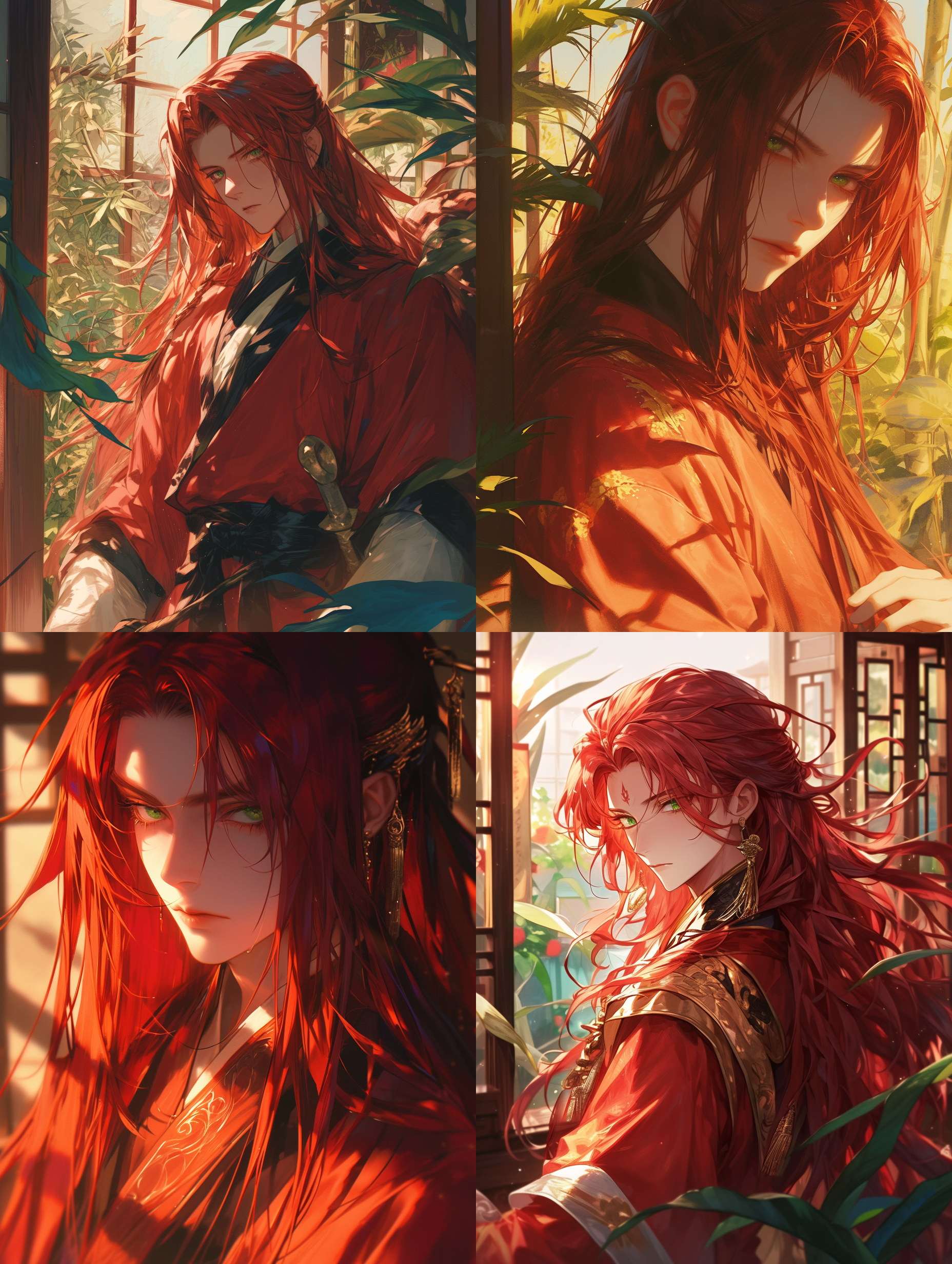 thick acrylic illustrations on pixiv，中国古代年轻男性，年轻面容，古代红色衣袍，长头发，红色长发，绿色眼睛，现代室内背景，白天背景，面无表情，高冷，白皙皮肤，高分辨率，绝美光影，鲜艳色彩,长焦镜头，宁静
