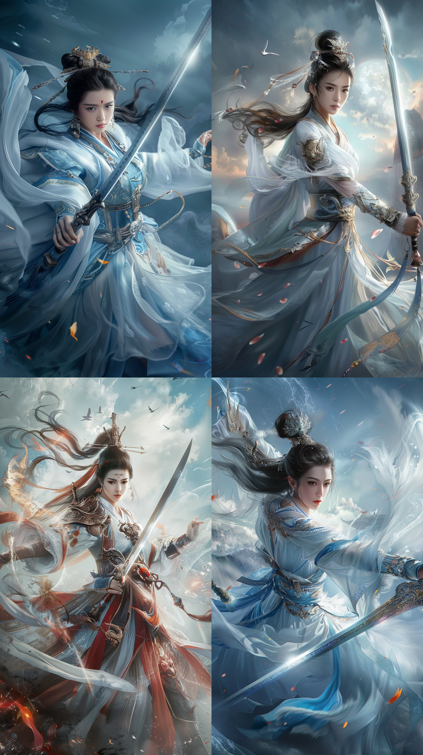 a chinese dressed in ancient costume, wielding a sword and flying in the world of metaphysics, playing the protagonist in the universe, possessing a beautiful appearance. she is a female war god, casting magic arrays, ultra clear, ultra realistic, and her facial model is super exquisite