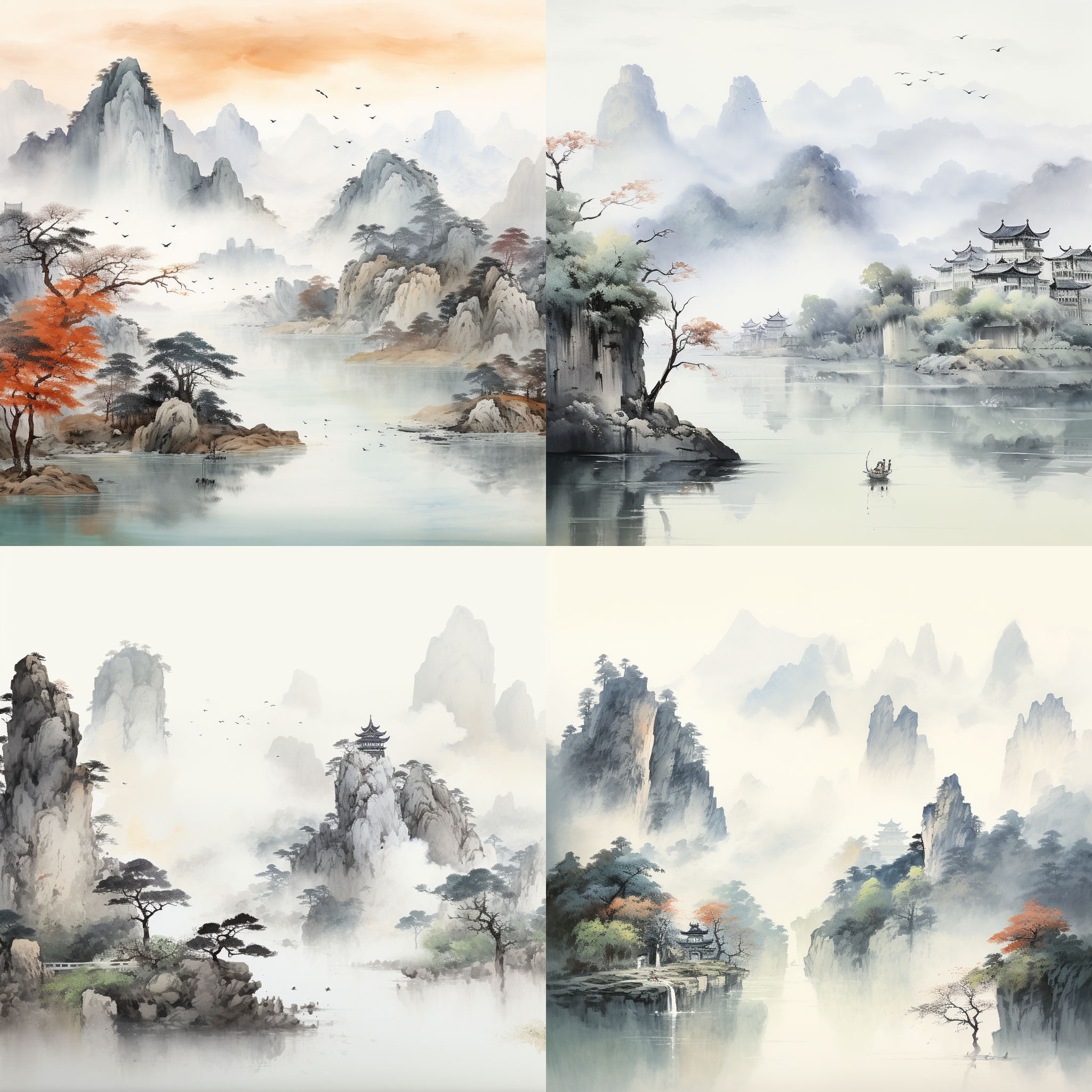 请画一幅精细山水图画，水墨画，构图艺术性强，抽象艺术，想象力丰富，细节刻画，精细，色彩厚重明亮，电影光，明暗，超广角画面。印象派风格，8k，大师作品，保罗·塞尚和彼得·埃尔森，汤姆·汉米克风格，8k