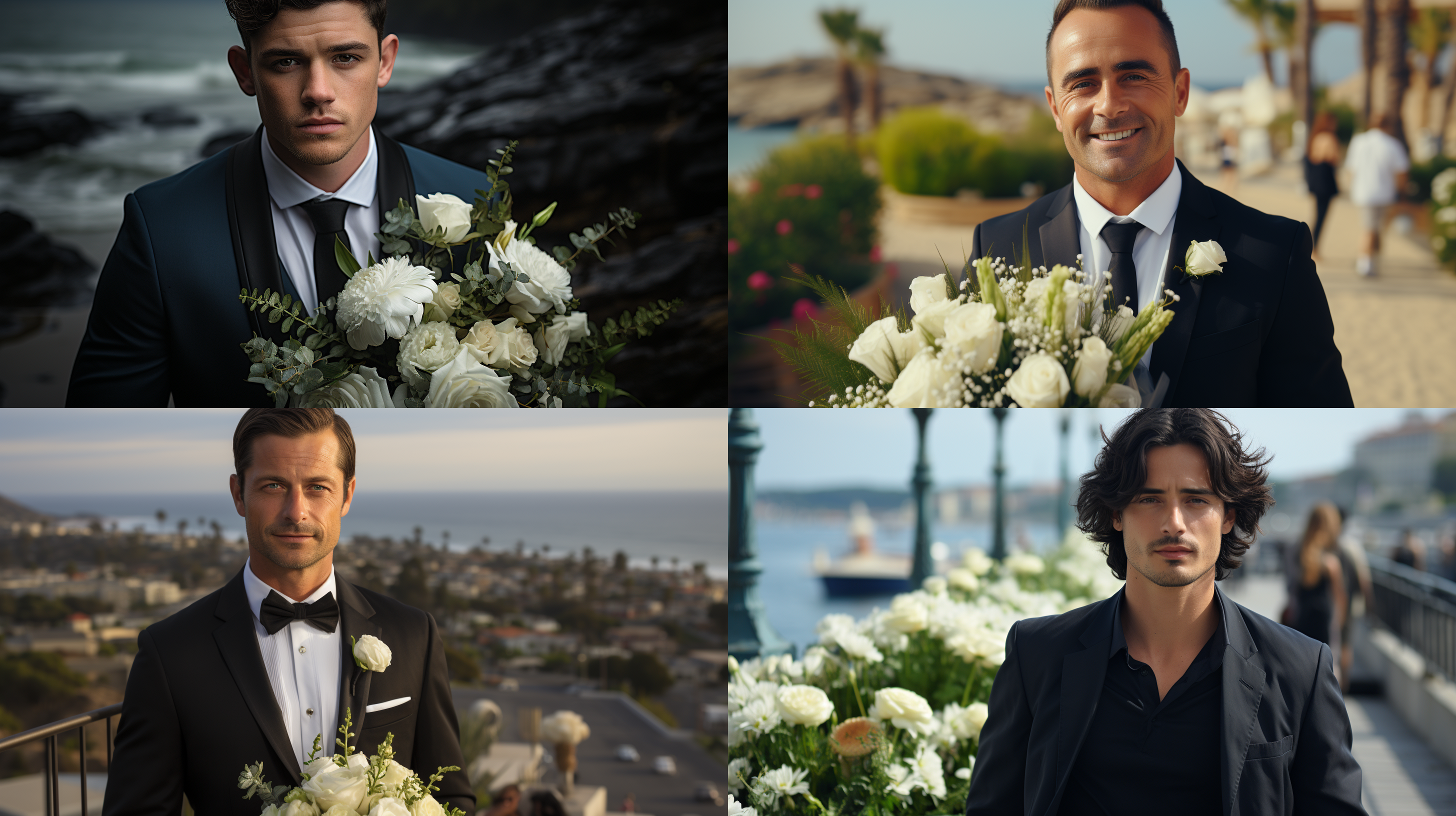 一位欧美成熟帅哥，穿着礼服，黑发，手拿鲜花，看着镜头，背景有大海