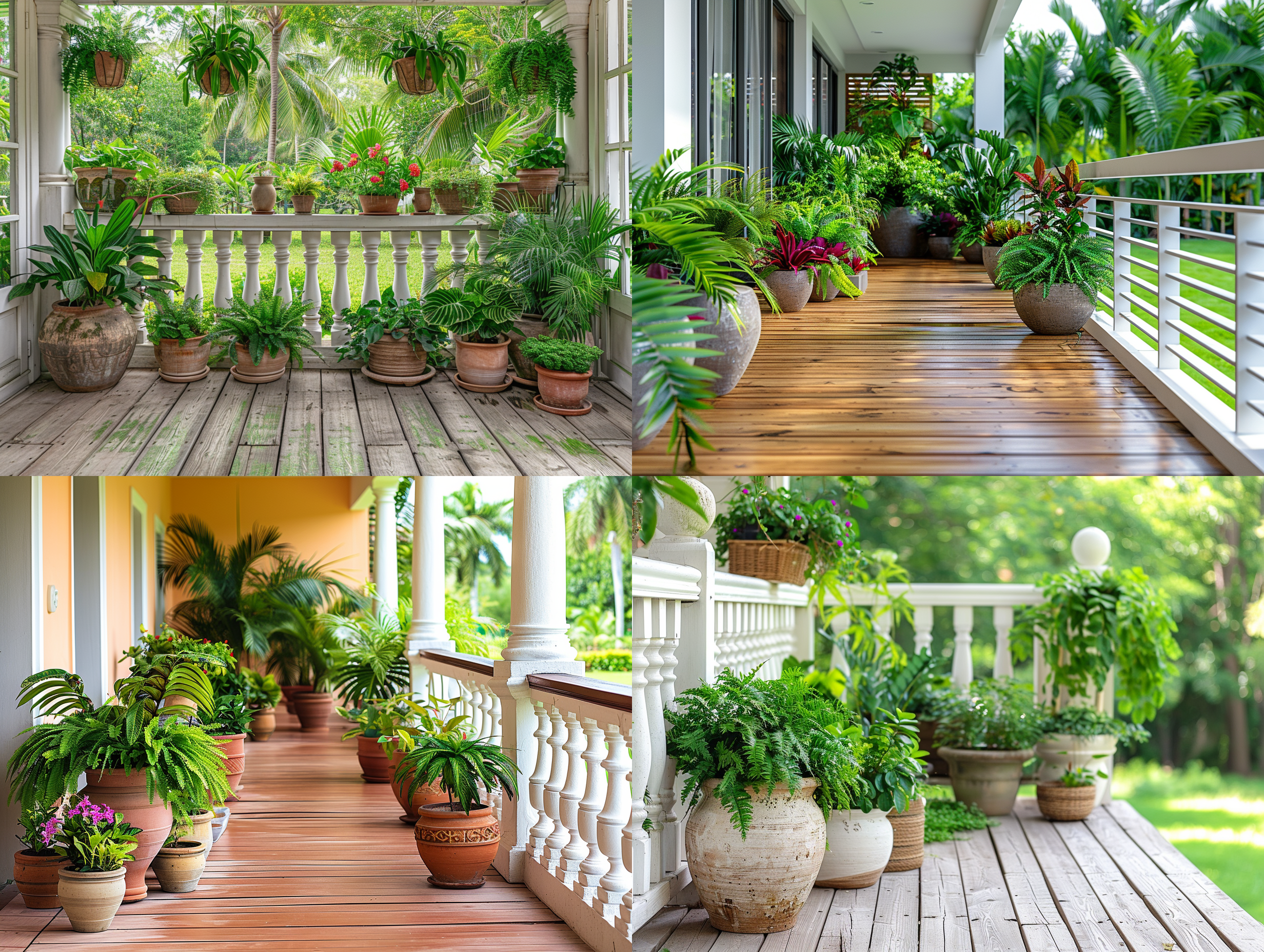 一个木质地板的阳台，上面摆满了各种盆栽植物。阳台的栏杆是白色的，水平排列，可以清晰地看到外面的绿色植被。植物包括蕨类、灌木和一些大叶绿植，给人一种热带风情的感觉。花盆主要是圆形的陶土制品，大小不一，以适应不同的植物。白色木质地板经过抛光处理，木板横向铺设在阳台上。阳台外面是一片明亮的绿色草地或草坪，与深色的木地板形成了鲜明的对比 粉彩色室内