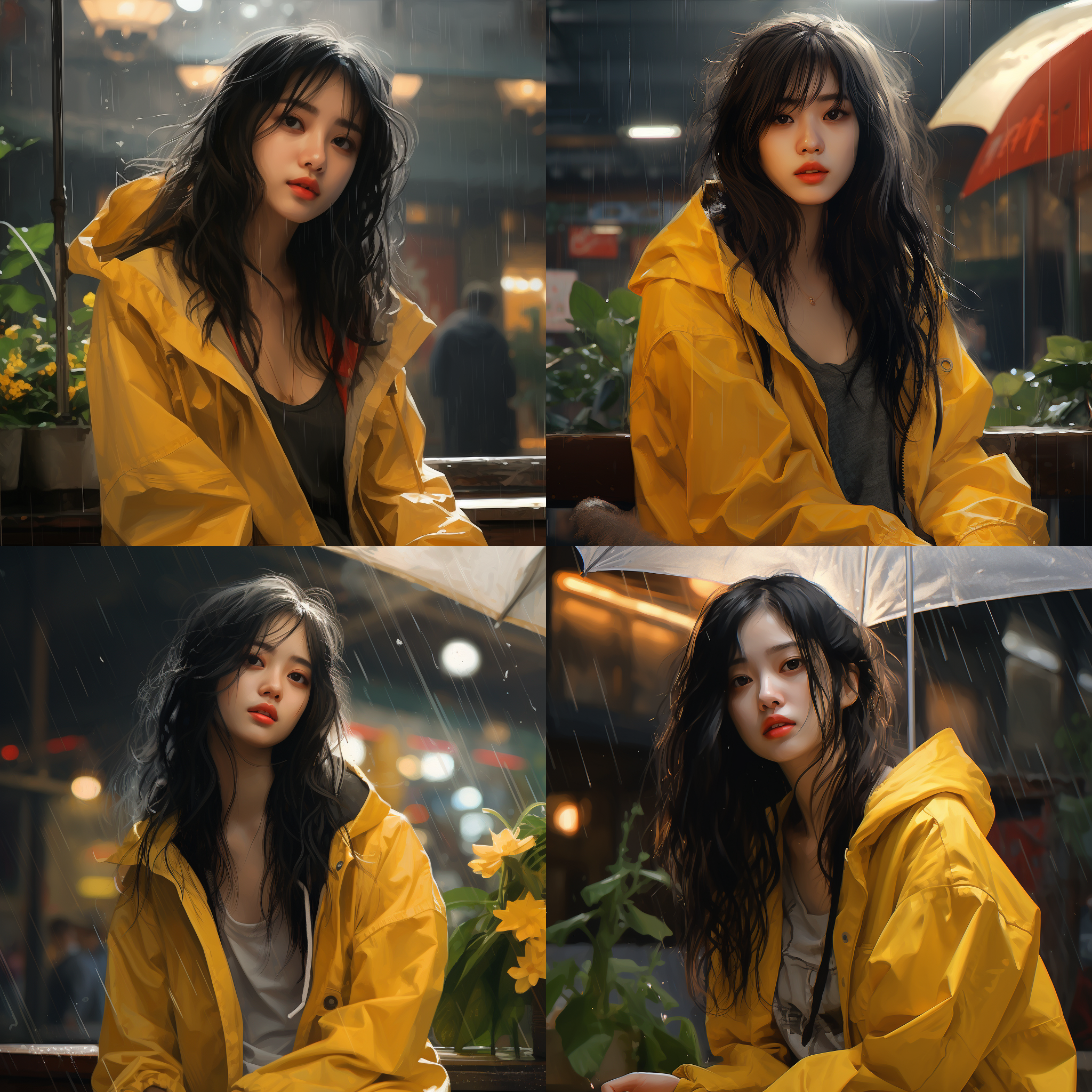 中女孩在雨天的午后