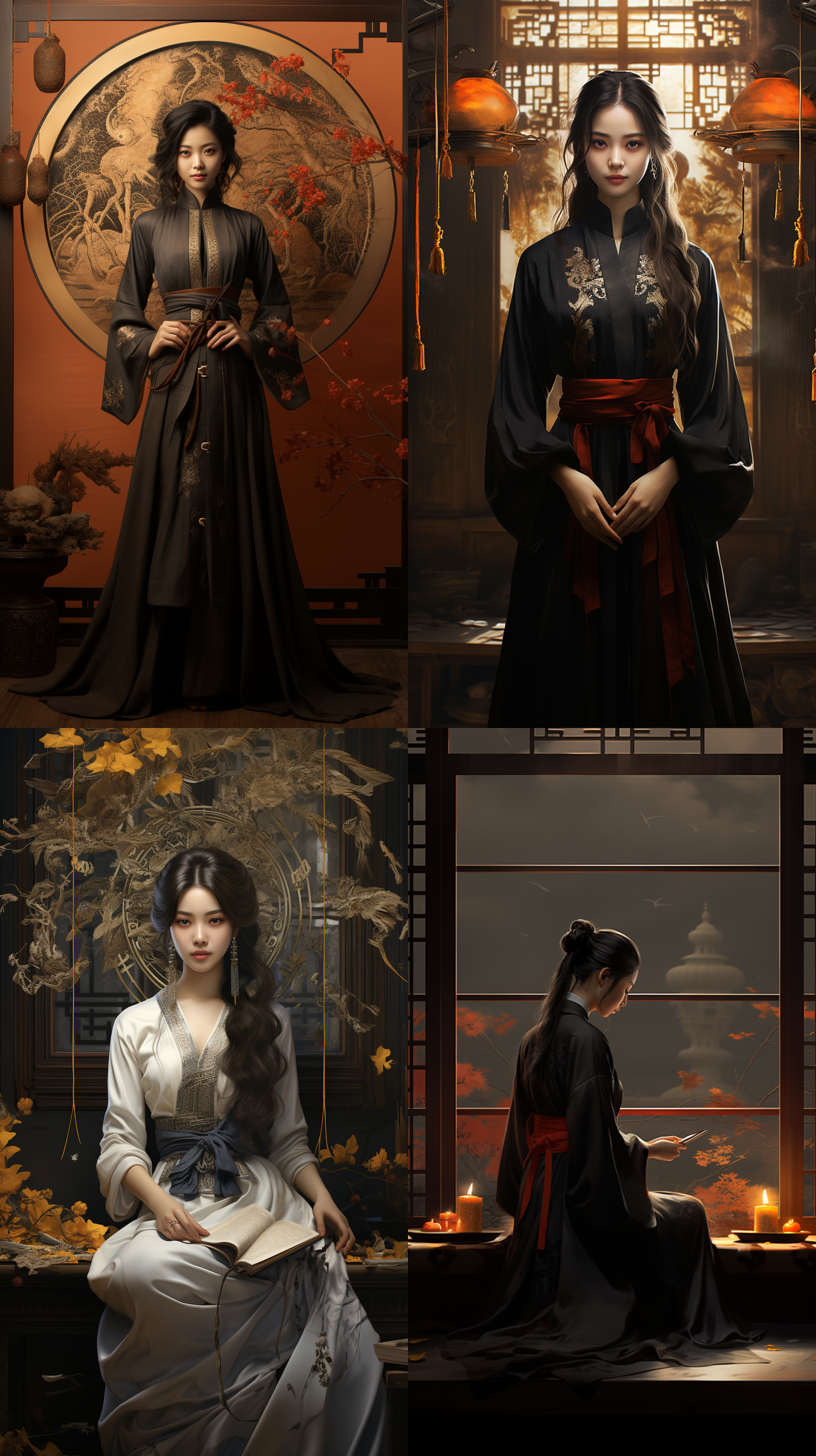 中国传统风格，易经易学，cg艺术，辛烷值渲染，传统八卦纹样，色调神秘幽暗，简单背景，玄学特点，柔和光线，中国画意境，东方美学，细腻纹理，静态构图，深邃眼神，沉思姿态，古风服饰，暗调照明，细节丰富，文化底蕴深厚。