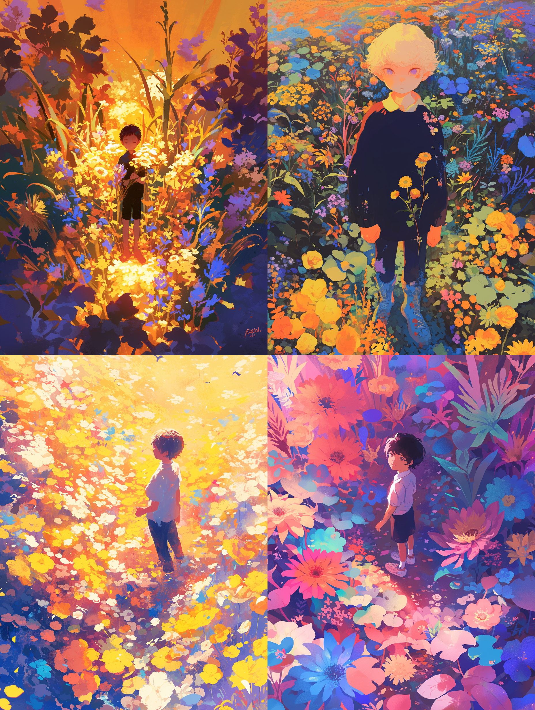 a little boy stands in the top view of a sea of flowers, luminous colors.