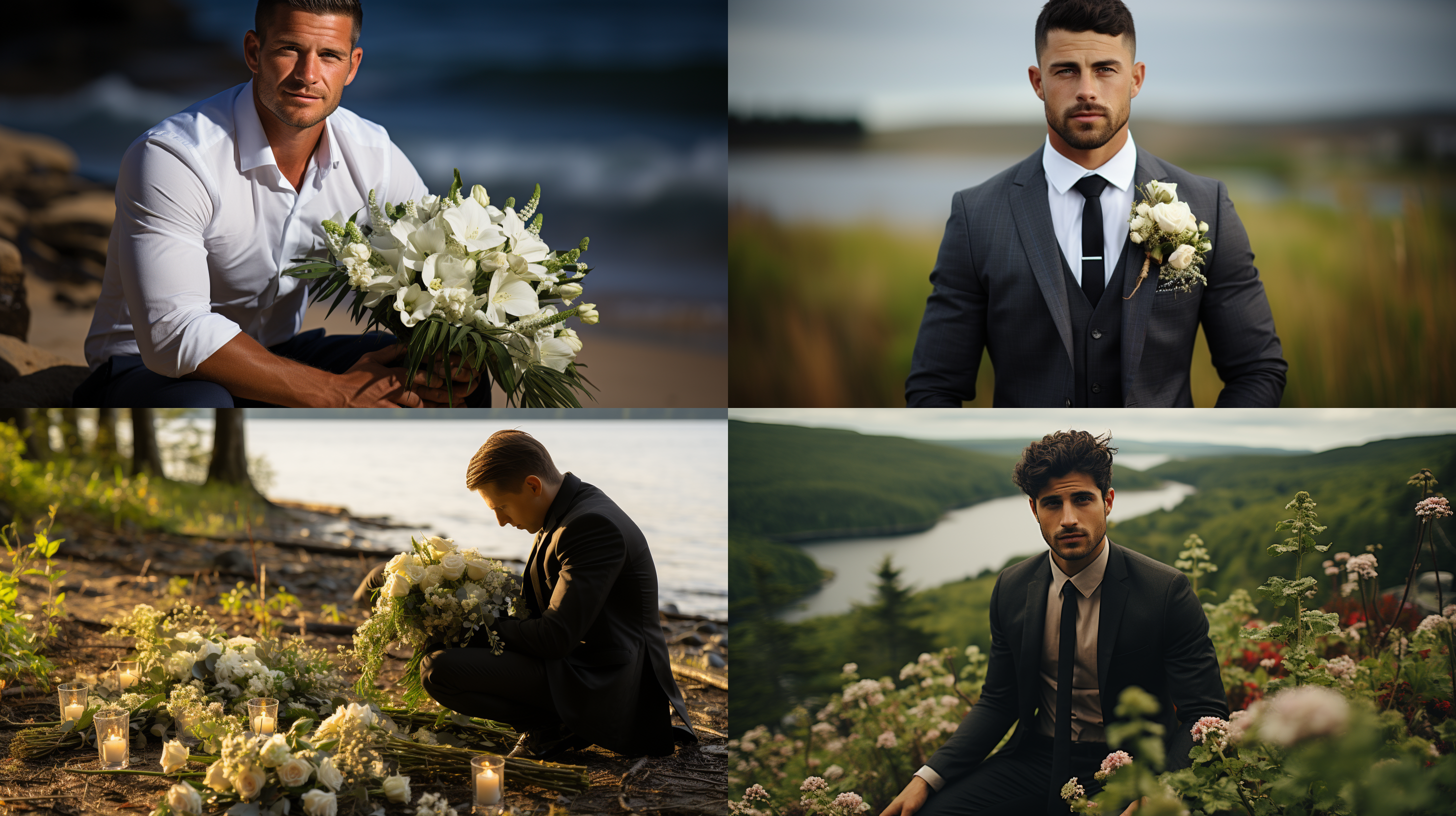 一位加拿大人成熟帅哥，穿着礼服，黑发，手拿鲜花，单膝下跪的，看着镜头，背景有大海