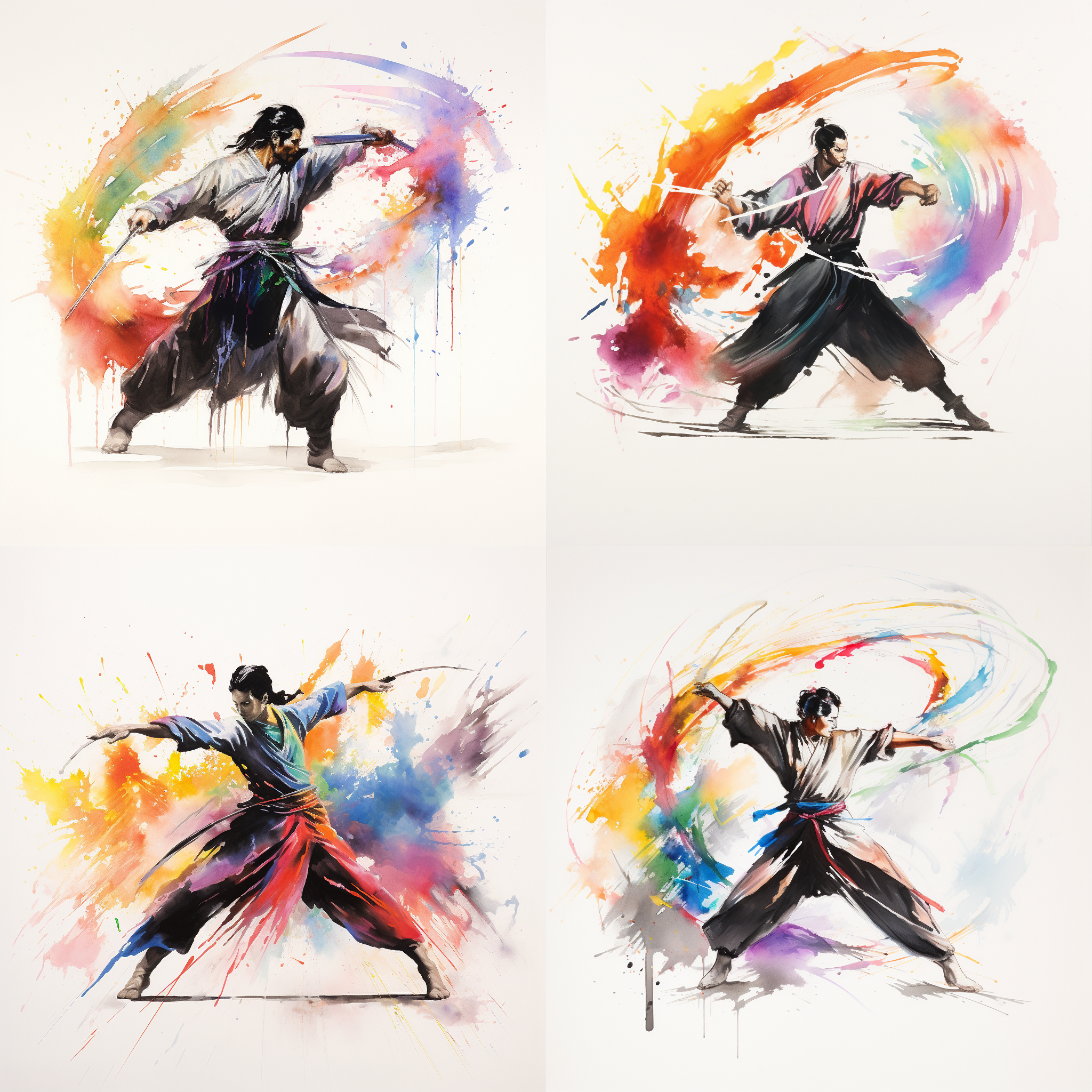 李白施展功法，手持宝剑，肌肉线条分明，穿传统服装，侧面身影，背景简洁白色。水墨画风格，墨水浮动，黑白构图，光影投射，抽象彩虹色渲染，喷漆风格，多层次构图，模糊效果，艺术摄影，梦幻氛围。