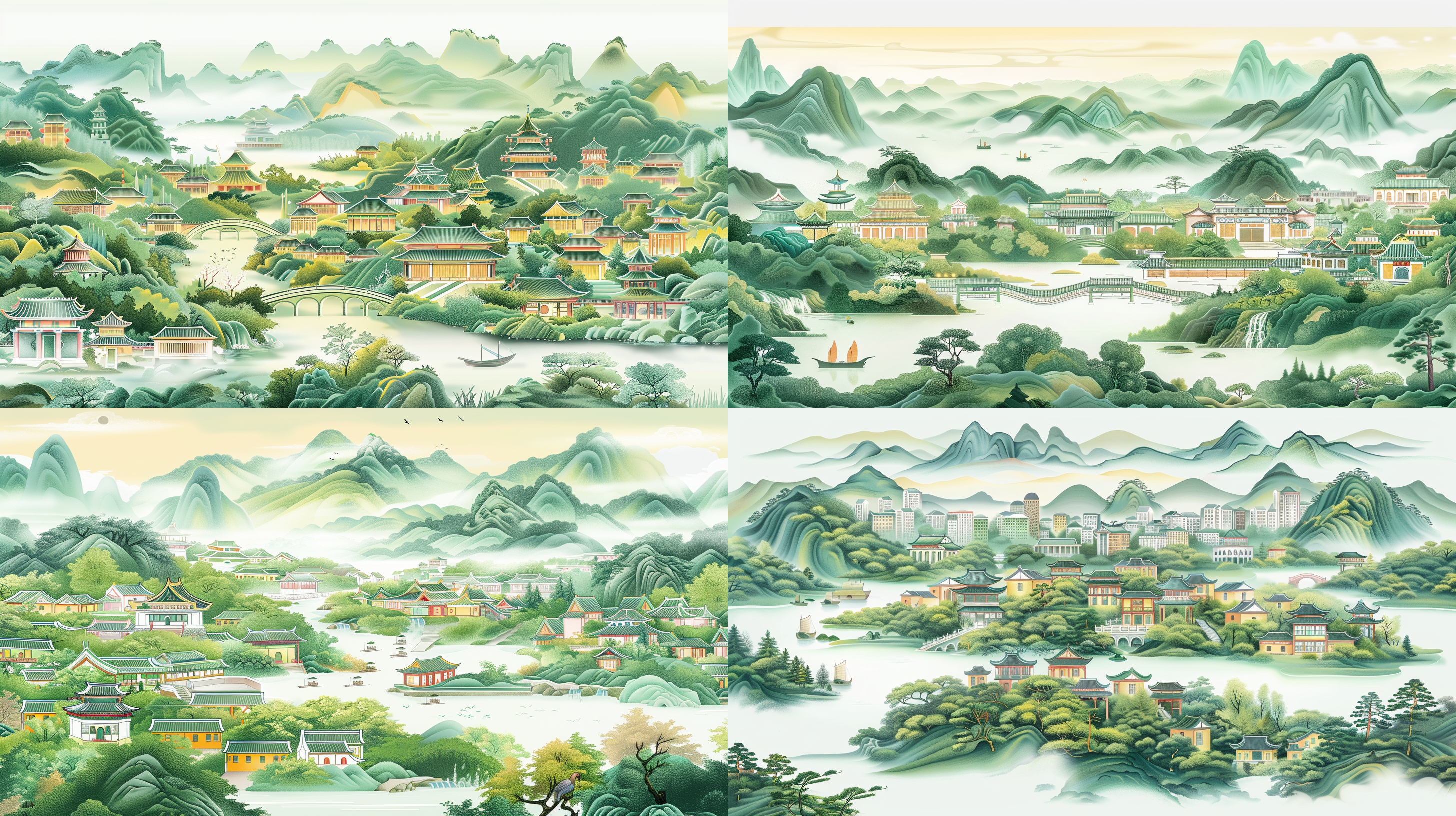 yunnan city vector illustration, green and yellow buildings, yunnan style, poster art, thick lines, smooth lines, classical theme, woodcut print style, fine character design, white background, bright colors, symmetrical composition, rich details, ethnic elements, modern sense, flat design, visual impact.