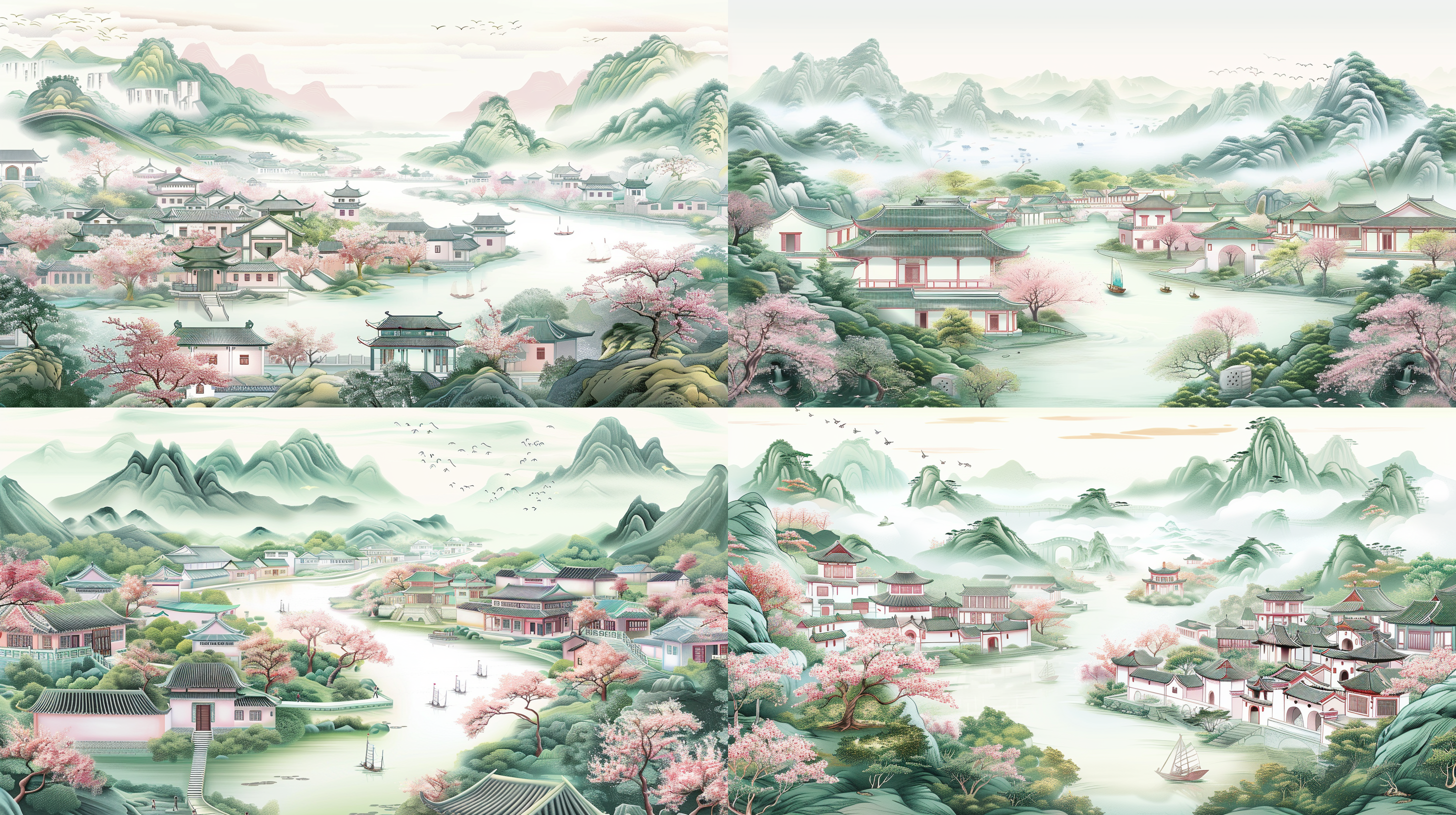 jiangnan city vector illustration, cherry blossom pink buildings, jiangnan style, poster art, thick lines, smooth lines, classical theme, fine lifelike style, fine character design, white background, bright colors, symmetrical composition, rich details, ethnic elements, modern sense, 3d design, visual impact.hd wallpapers