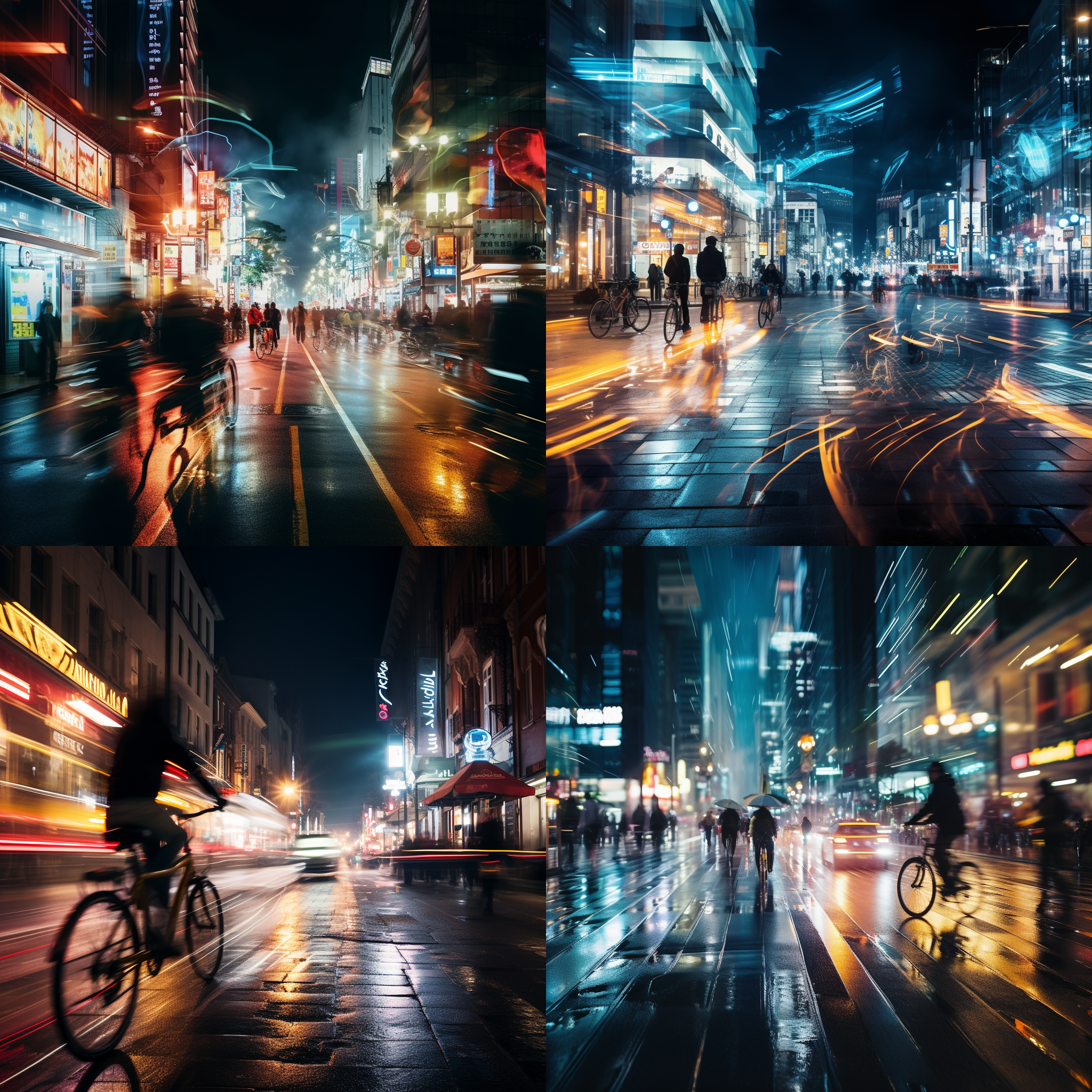 模糊城市夜景，前景模糊，背景清晰，长曝光，运动模糊，城市灯光，广角镜头，低角度，聚焦建筑，色差效果，电影质感，街道店面，水波纹，东方建筑，自行车，人物剪影，pov视角，音乐会氛围，宁静与动感并存。