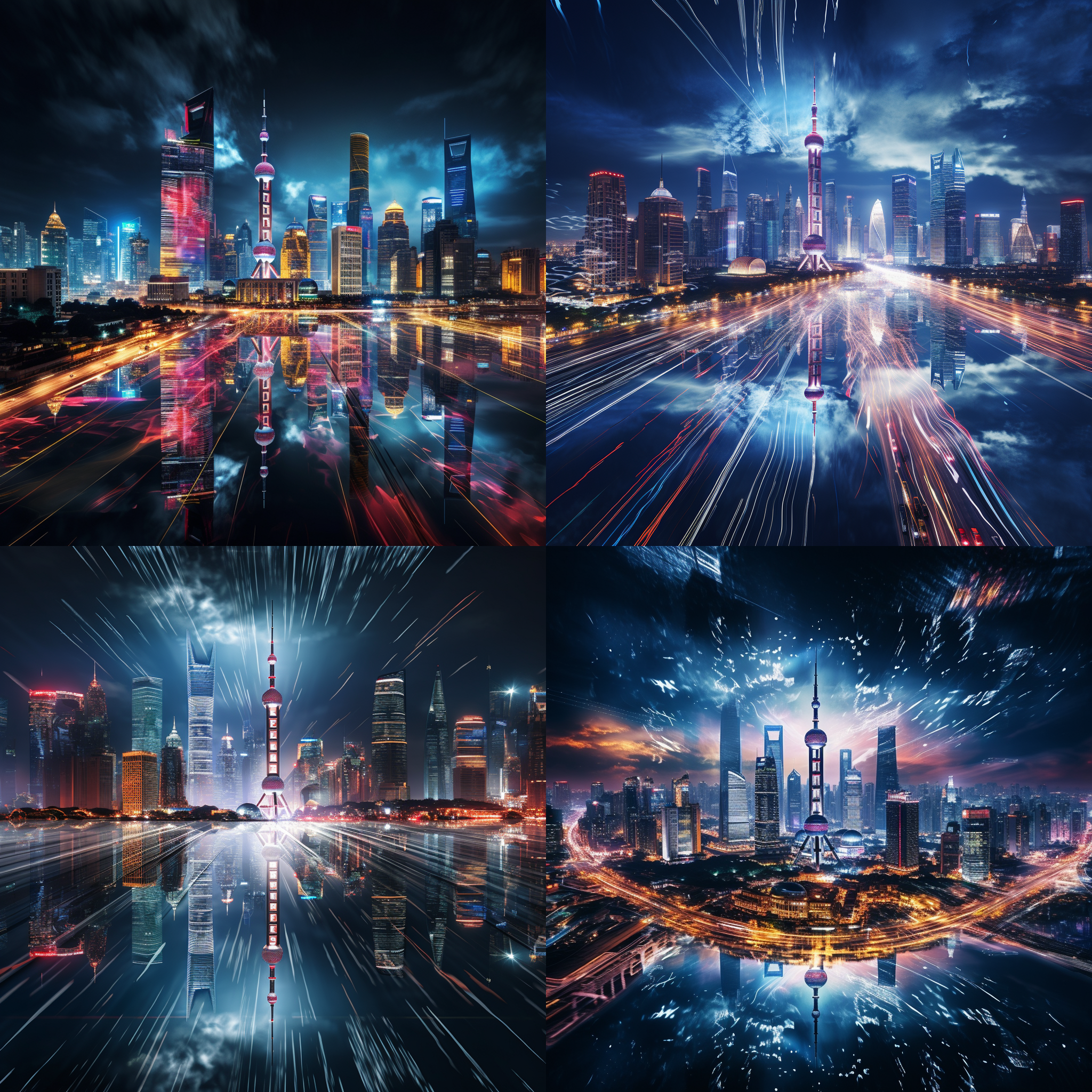 十年后的陆家嘴，未来都市天际线，超现实主义风格，夜晚，霓虹灯光，长曝光，星轨，无人机航拍，全景，玻璃幕墙建筑，反射，科技元素，繁荣，活力。
