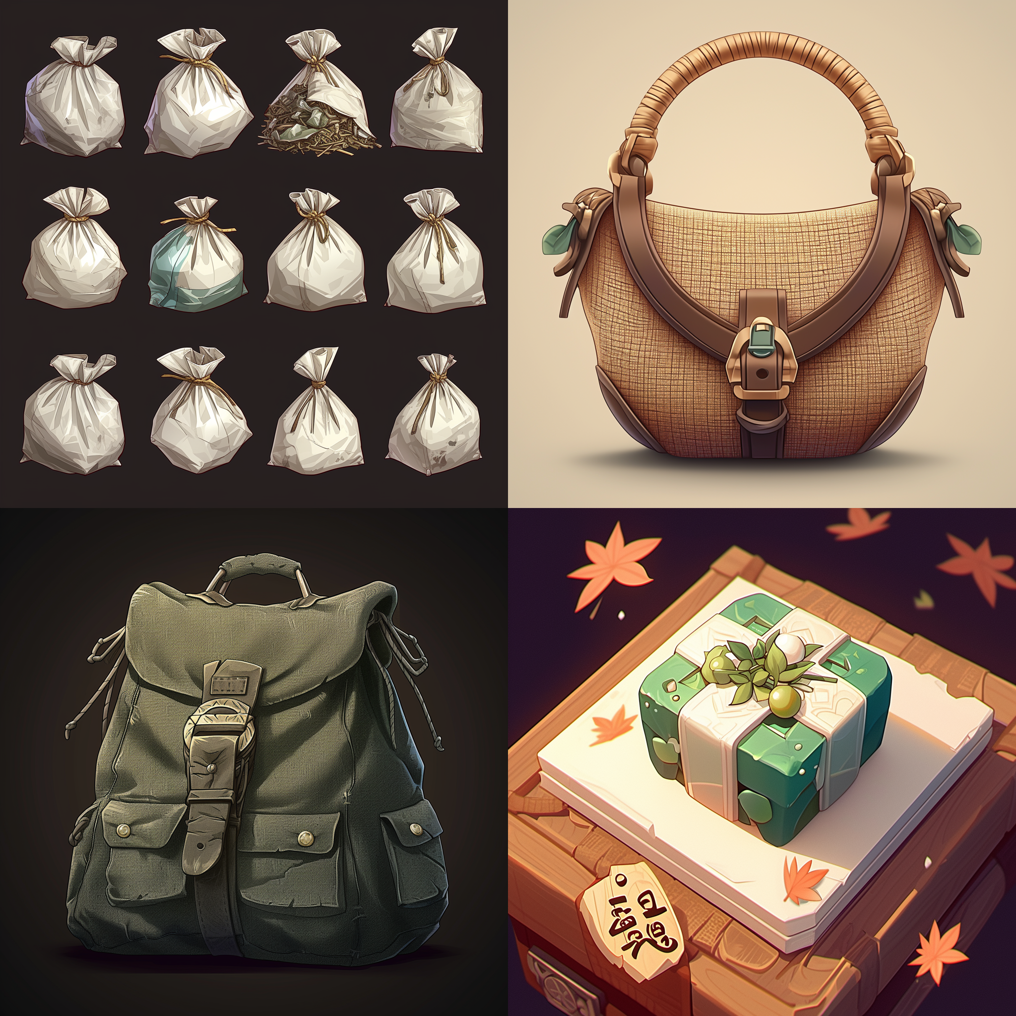 包裹图标，商店包裹，麻布材质，透明背景，高清晰度，古老气息，单体锐边，山海经风格，游戏素材，标志设计，独立展示，细节丰富，纹理细腻，立体感强，神秘古朴，纸张质感，华丽，光影对比，精细雕刻，神秘符号，自然元素，文化传承，设计感，历史沉淀。