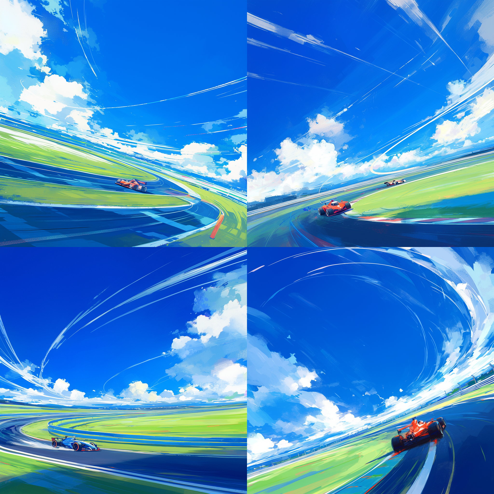 赛车疾驰，f1赛道，动感模糊，高速光影，绿色草坪环绕，蓝色天空映衬，几朵白云点缀，长焦镜头，低角度拍摄，鲜明对比，速度感，激情澎湃。