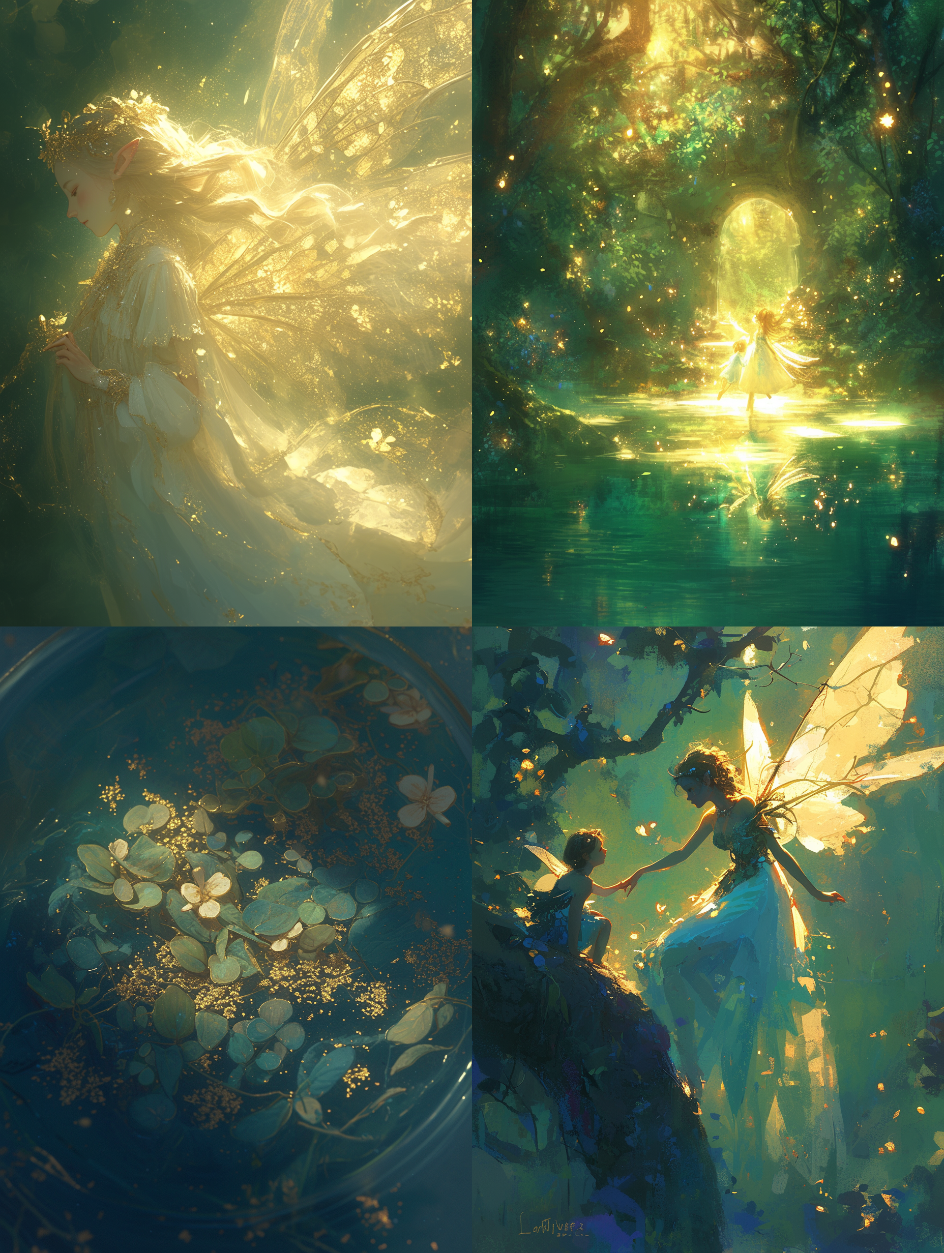 深绿背景中，自然元素交织，梦幻光影流转，金色装饰点缀，透明质感如梦如幻，神秘氛围弥漫，细腻光晕环绕，浪漫气息四溢。小精灵轻盈飞舞，透明翅膀闪烁金粉，微笑中透露好奇眼神，柔和侧光映衬，长曝光捕捉动态之美。