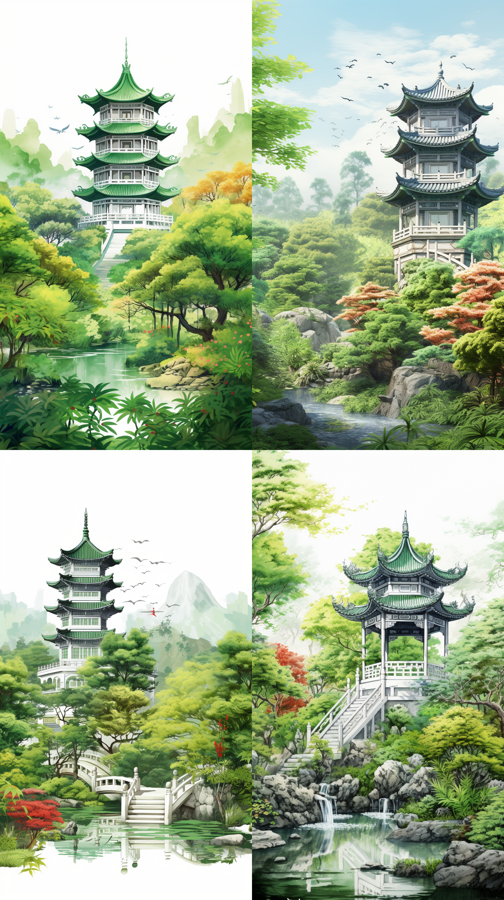 夏天的风景，茂密的树林，亭子，彩色的塔，白底中国画风格，绿色，纸质插画，3d浮雕，8k，高清，