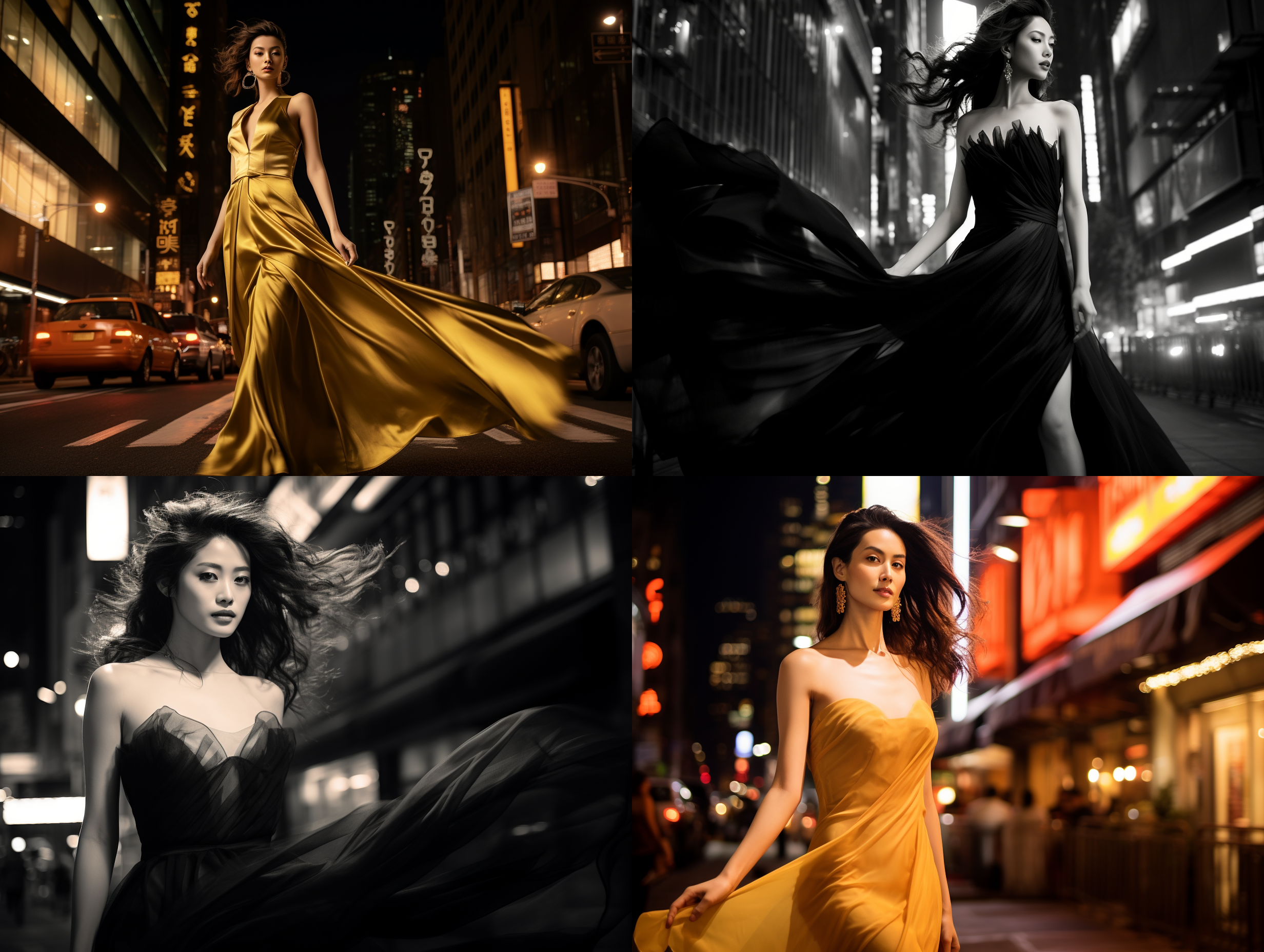 glamour shooting, golden section composition, middle-aged chinese beauty, with flowing black hair, long legs, wearing gorgeous dresses, walking confidently and elegantly in the street, surrounded by tall buildings and neon lights, exquisite photography style, strong sense of perspective, obvious contrast. the movements of the models are natural and elegant, and the black and white tones add a sense of mystery to the picture, which is shot in the film lens