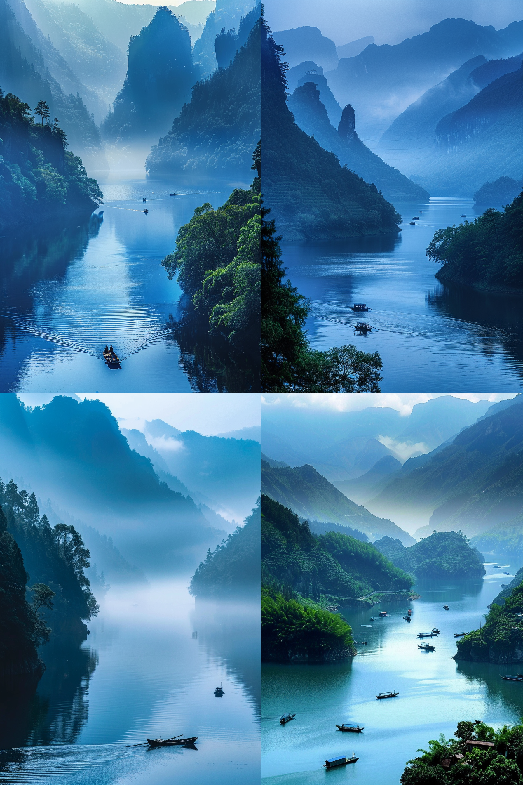 诗情画意小东江，湖面平静如镜，高山环绕，云雾缭绕，自然美景，旅游宣传照，湖面反射清晰，风景如画，渔船点缀，天空湛蓝，无人物干扰，户外自然风光，地形起伏，白昼光线，树木葱郁，2k高清照片，湖宣传相片，高清图片，专业摄影，4k相片，航拍视角，实拍图片，宁静致远。