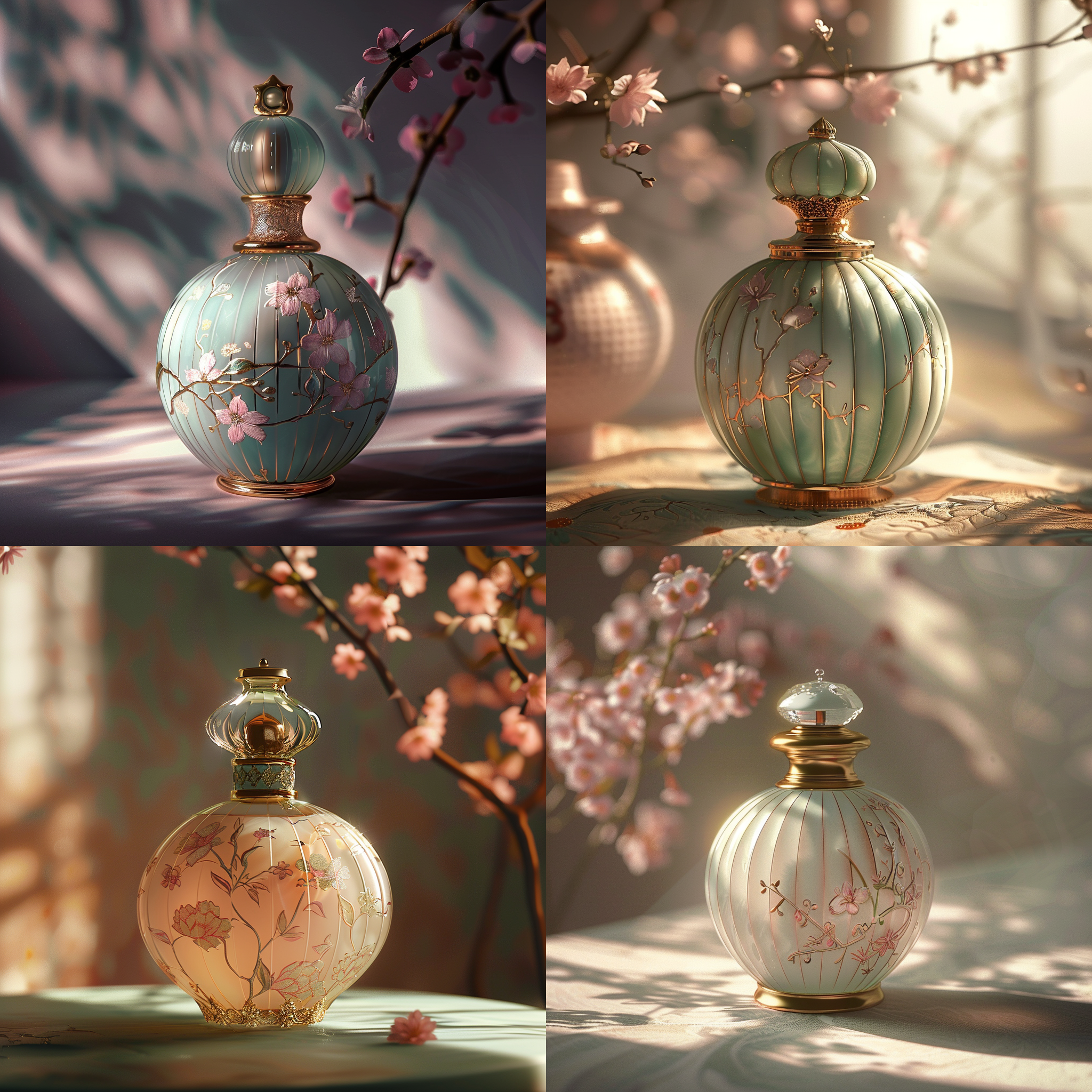 东方香水瓶，龚开灵感，可爱设计，c4d渲染，香奈儿风格，王家卫美学，东方主义，loic zimmerman绘制，ffffound风格，细腻光影，柔和色彩，优雅曲线，神秘氛围，静物摄影，微距镜头，侧光照明，梦幻般的光泽，精致细节，艺术感。