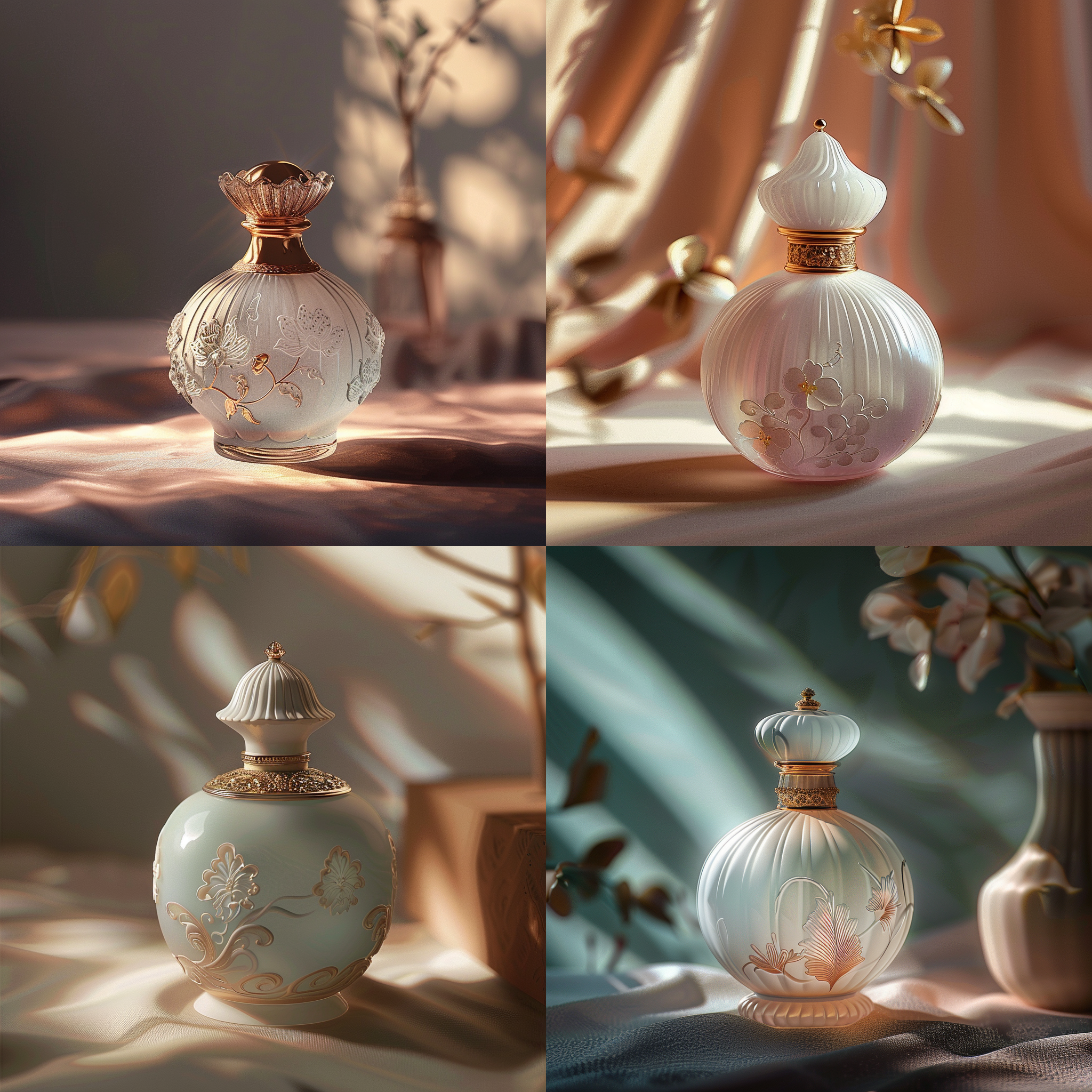 东方香水瓶，龚开灵感，可爱设计，c4d渲染，香奈儿风格，王家卫美学，东方主义，loic zimmerman绘制，ffffound风格，细腻光影，柔和色彩，优雅曲线，神秘氛围，静物摄影，微距镜头，侧光照明，梦幻般的光泽，精致细节，艺术感。