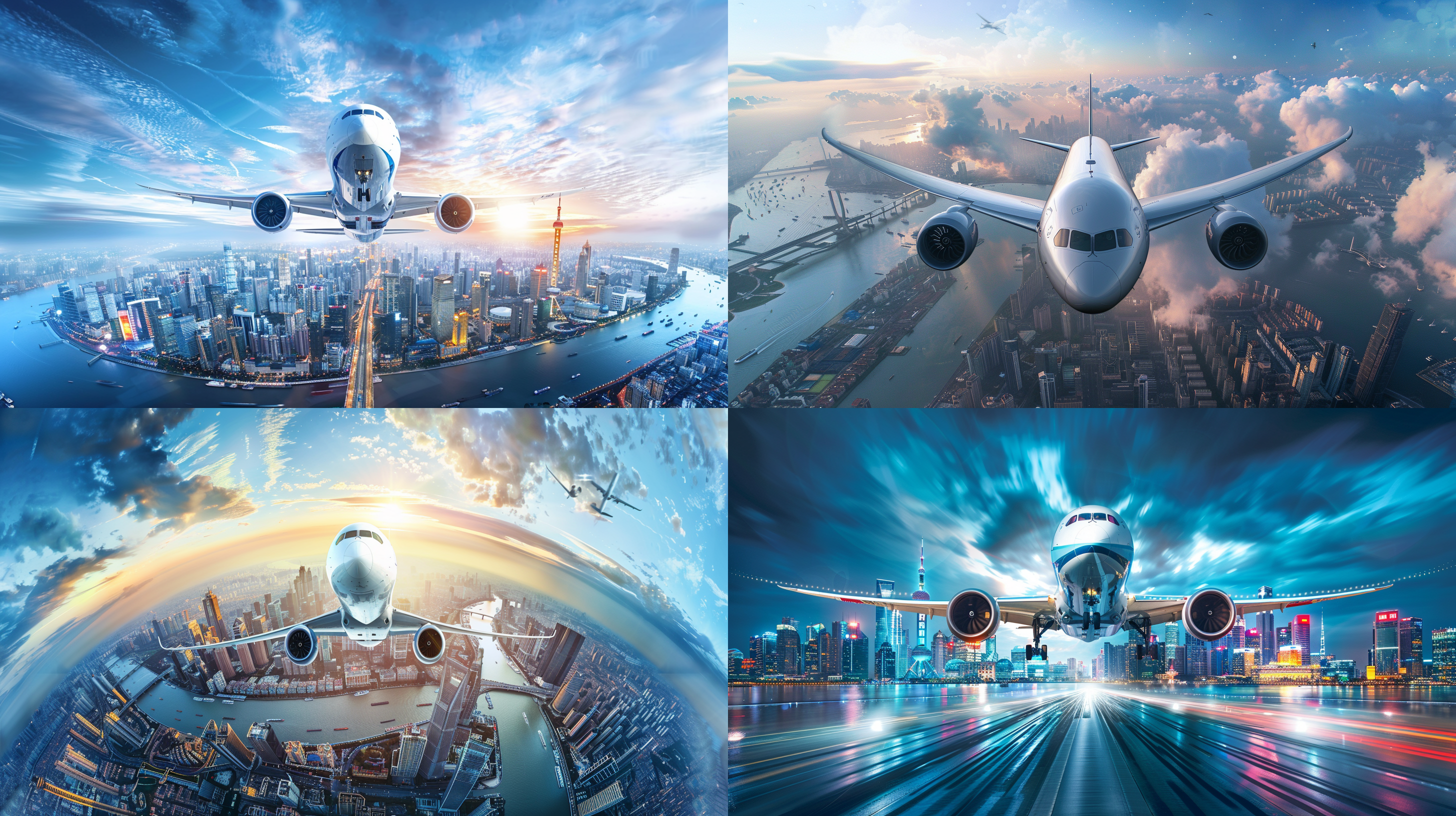 亚欧新航线开航仪式，发布会海报，波音787，亚欧建筑背景，航线，城市天际线，鱼眼镜头，流动效果，科技元素，未来感，刺激。