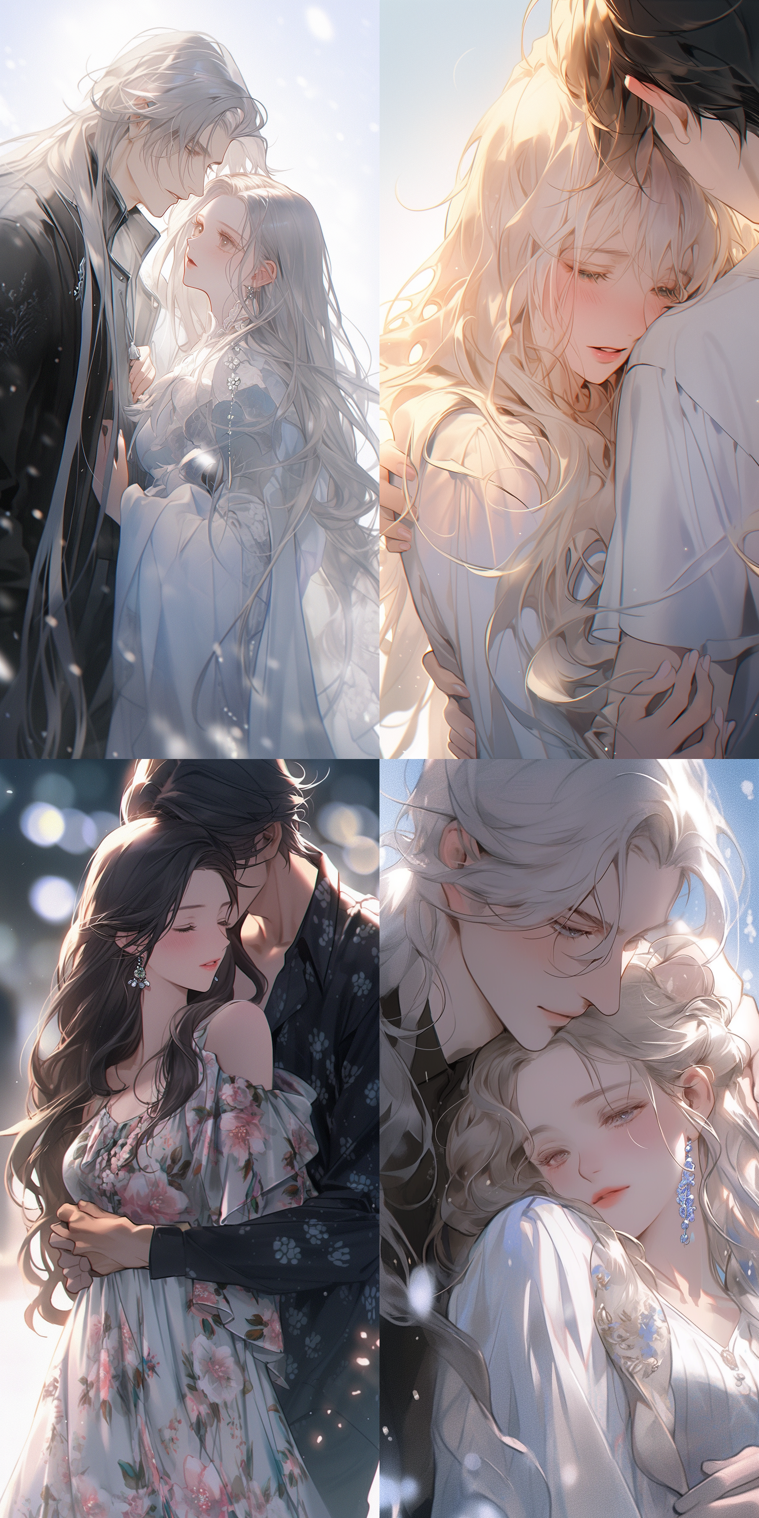 动漫风格肖像，白皙冷白肤，波浪长发，情侣头像，甜美特写，壁纸级，环境光与边缘光，背景简约，oc渲染，细节完整，高光突出，温柔浪漫，细腻全身照，现代女性，16:9比例。