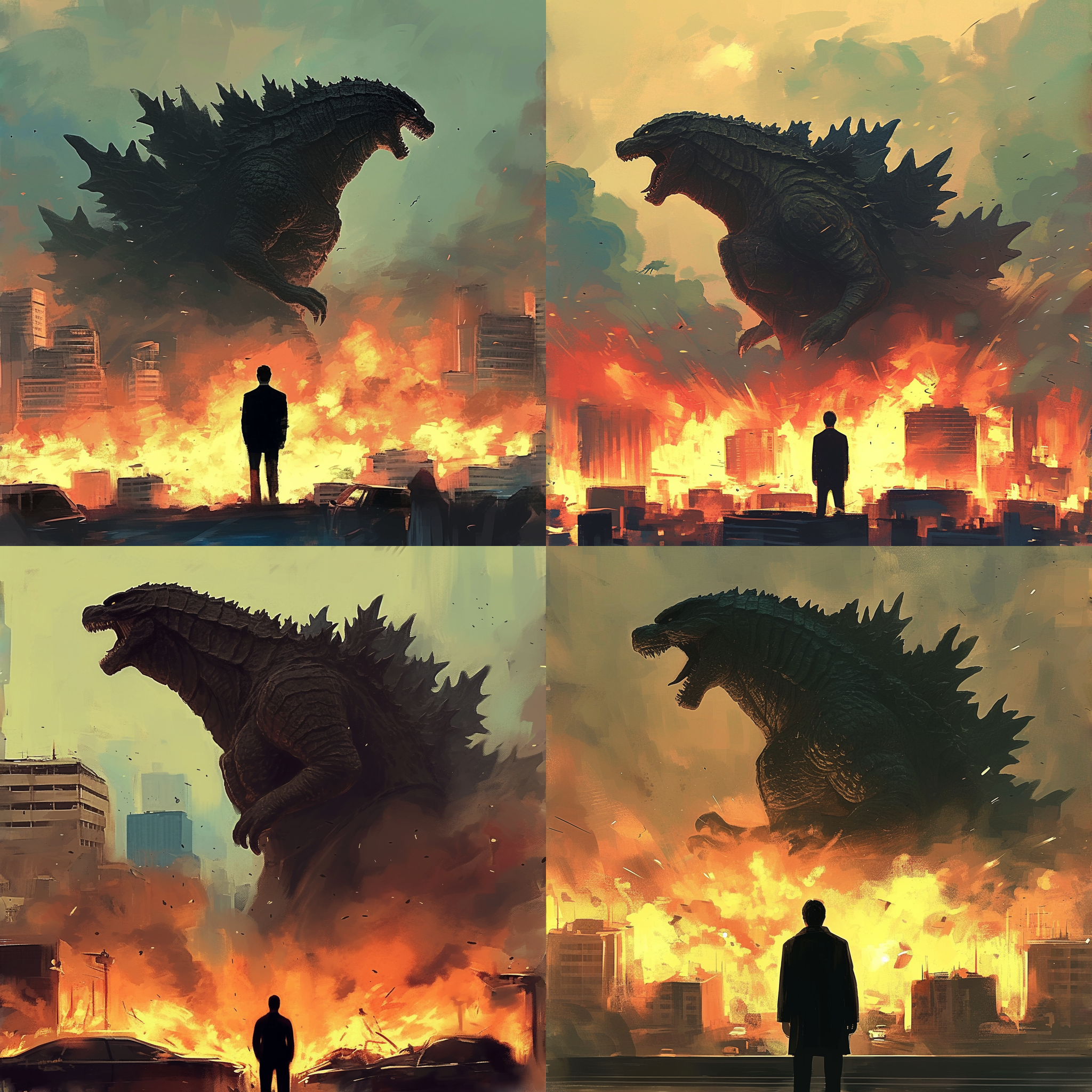哥斯拉毁天灭地，末日景象，城市废墟，哥斯拉巨大身躯，火焰与烟雾，黑白灰色调，超广角镜头，低角度拍摄，强烈逆光，动态模糊，恐惧，绝望。