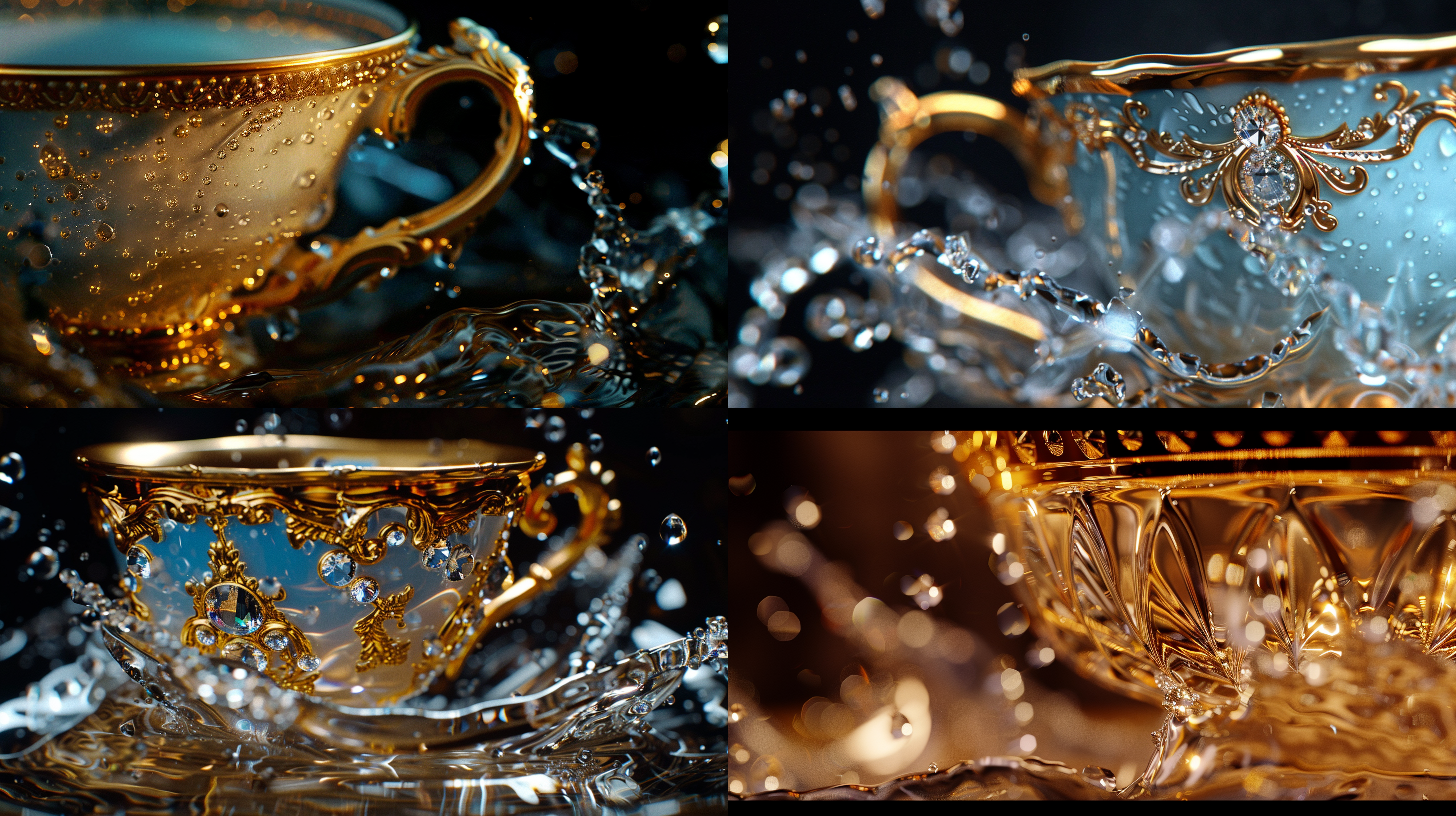 奢华杯子特写，金色镶边，水晶质感，灯光聚焦，光线折射，清澈水流，细腻水花，8k超高清，微距镜头，高光反射，暗背景，静谧氛围，细节丰富，色彩鲜明。