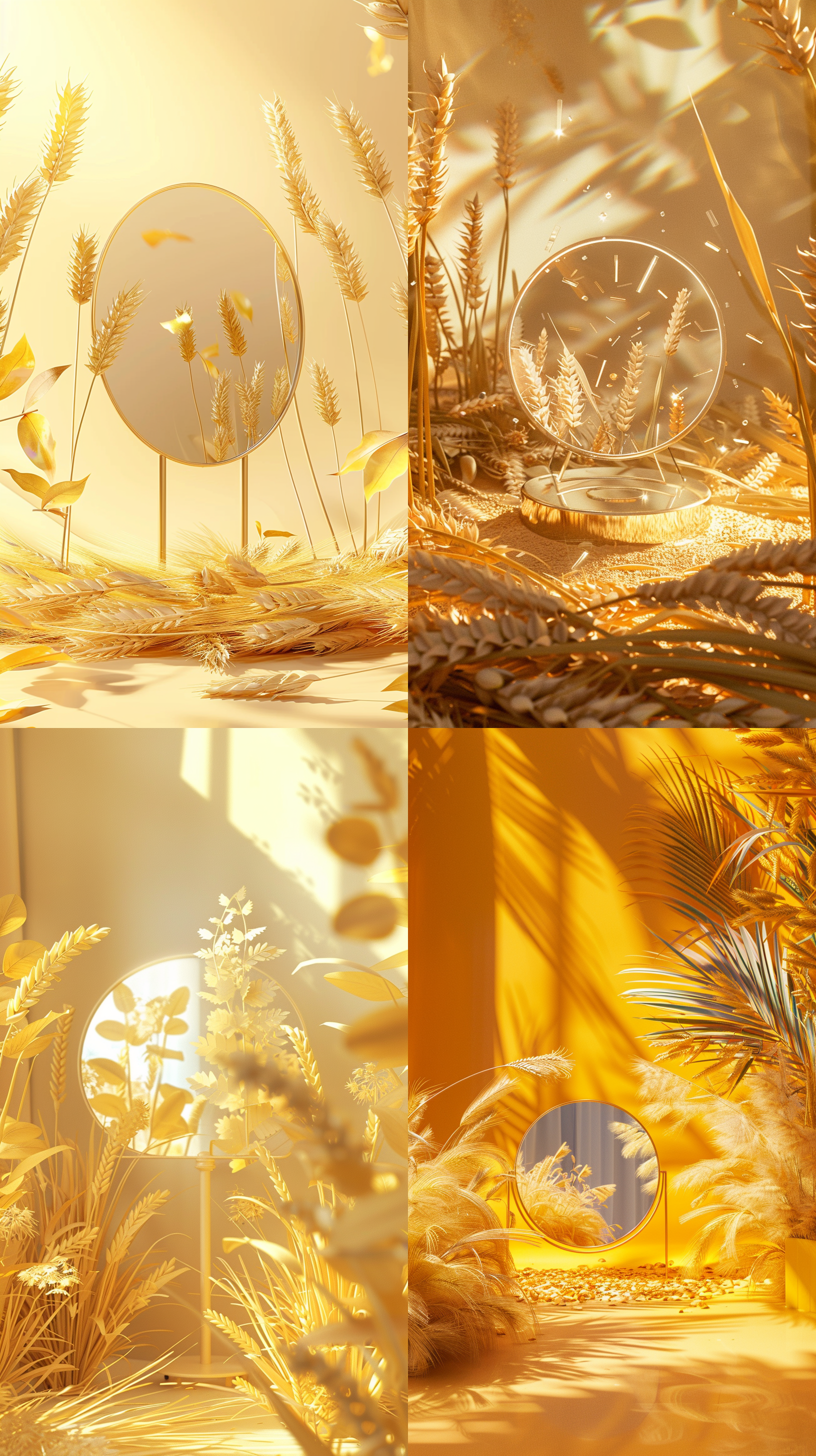 海报场景，小麦形状的展示台，下面是玻璃镜面，周围是麦穗，小麦叶子装饰，暖黄色的氛围，阳光明媚，自然光，3d场景细节质感，夏天