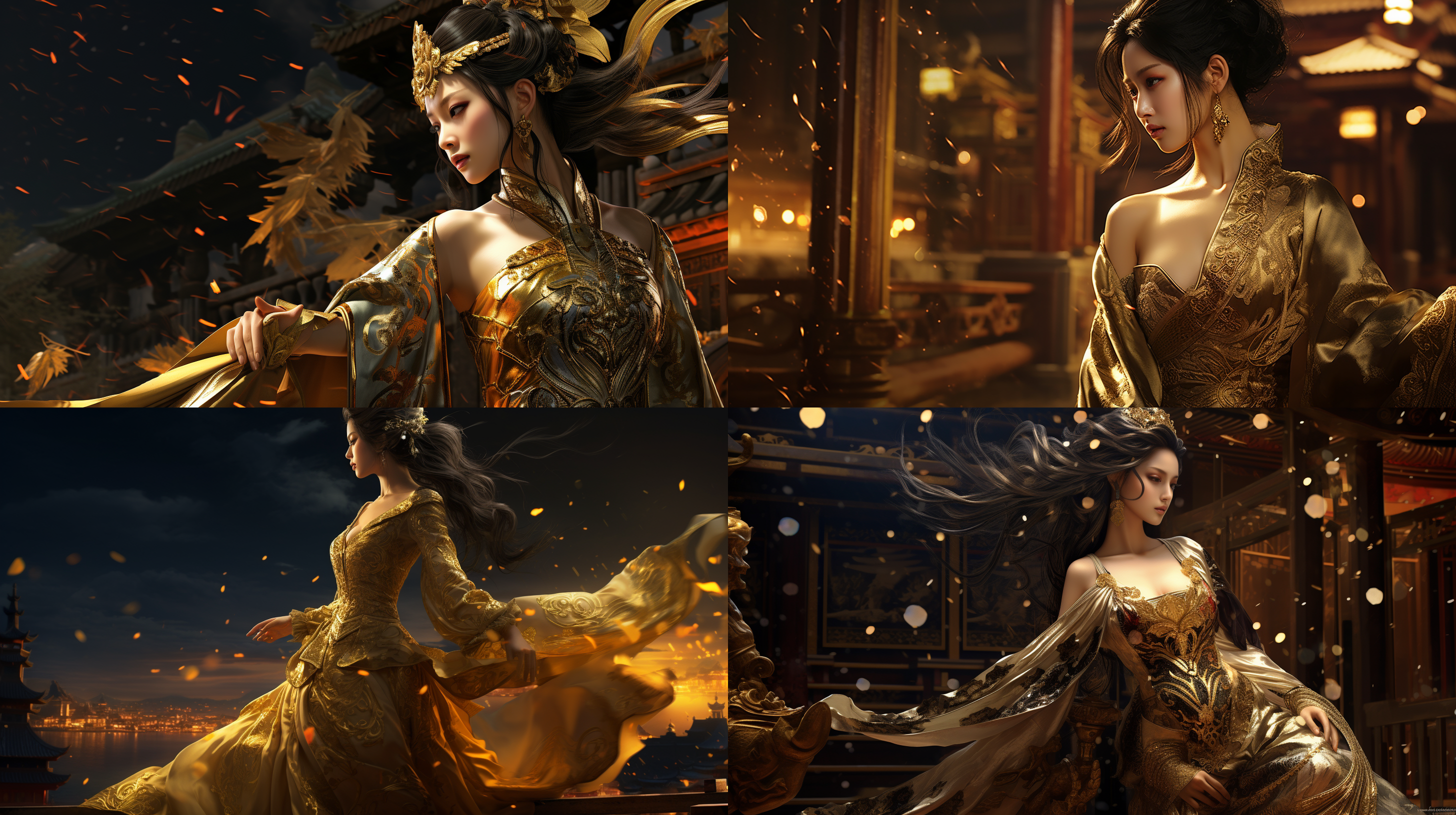 海贼王女帝·波雅·汉库克，全身照，侧身，容貌绝美，盘发，精致妆容，人物逼真，穿金纹苏绣长袍，精细束腰，中国风，眼神冷酷，霸气，曼妙身材，全身拍摄，正面镜头，室外，夜晚，三维，高光，低角度，长焦镜头，背景虚化，冷暖对比，自信姿态。