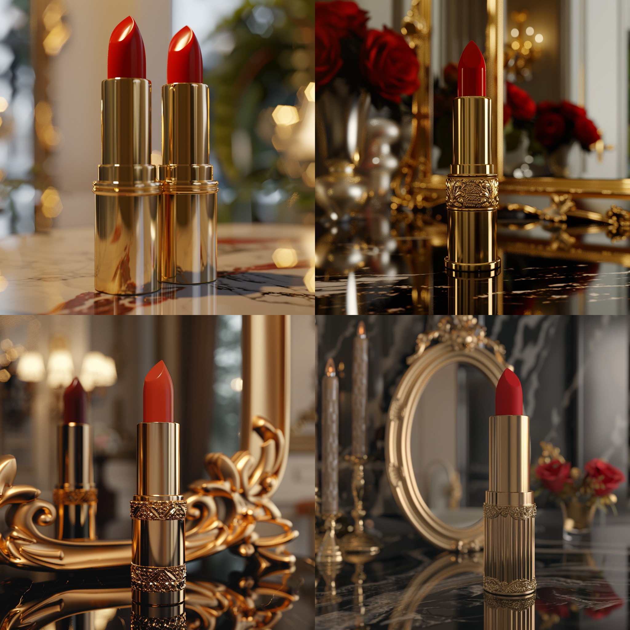 mj inspiration口红，口红上面有纹理，正侧视图，三分之一镜头，皇家御用，口红立在镜子前，金色高端，高饱和度，高明亮度，高分辨率，清晰细节，c4d模式，oc渲染