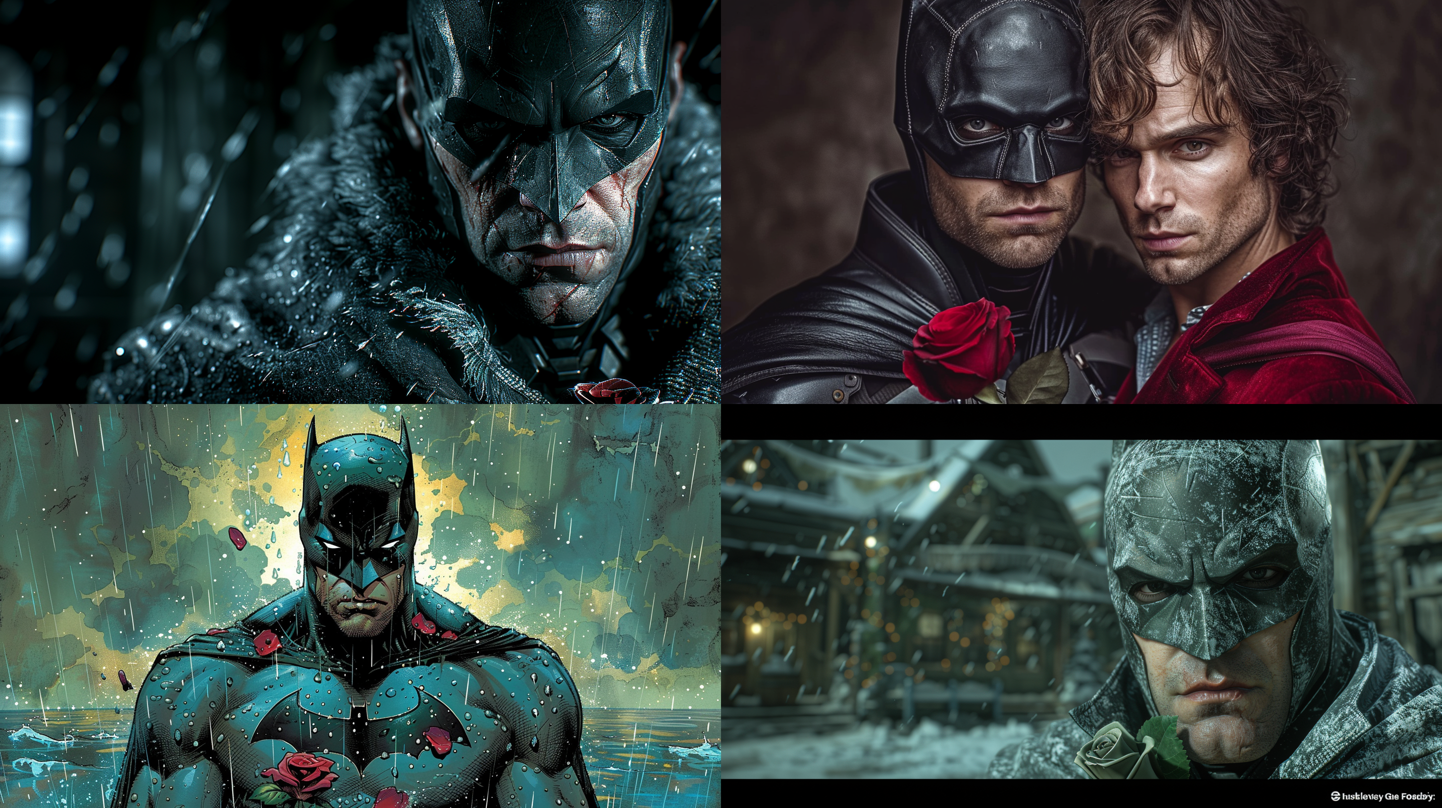 帅气的蝙蝠侠，手拿玫瑰花，看着镜头，背景有大海，全身照 海滩 正视 星空