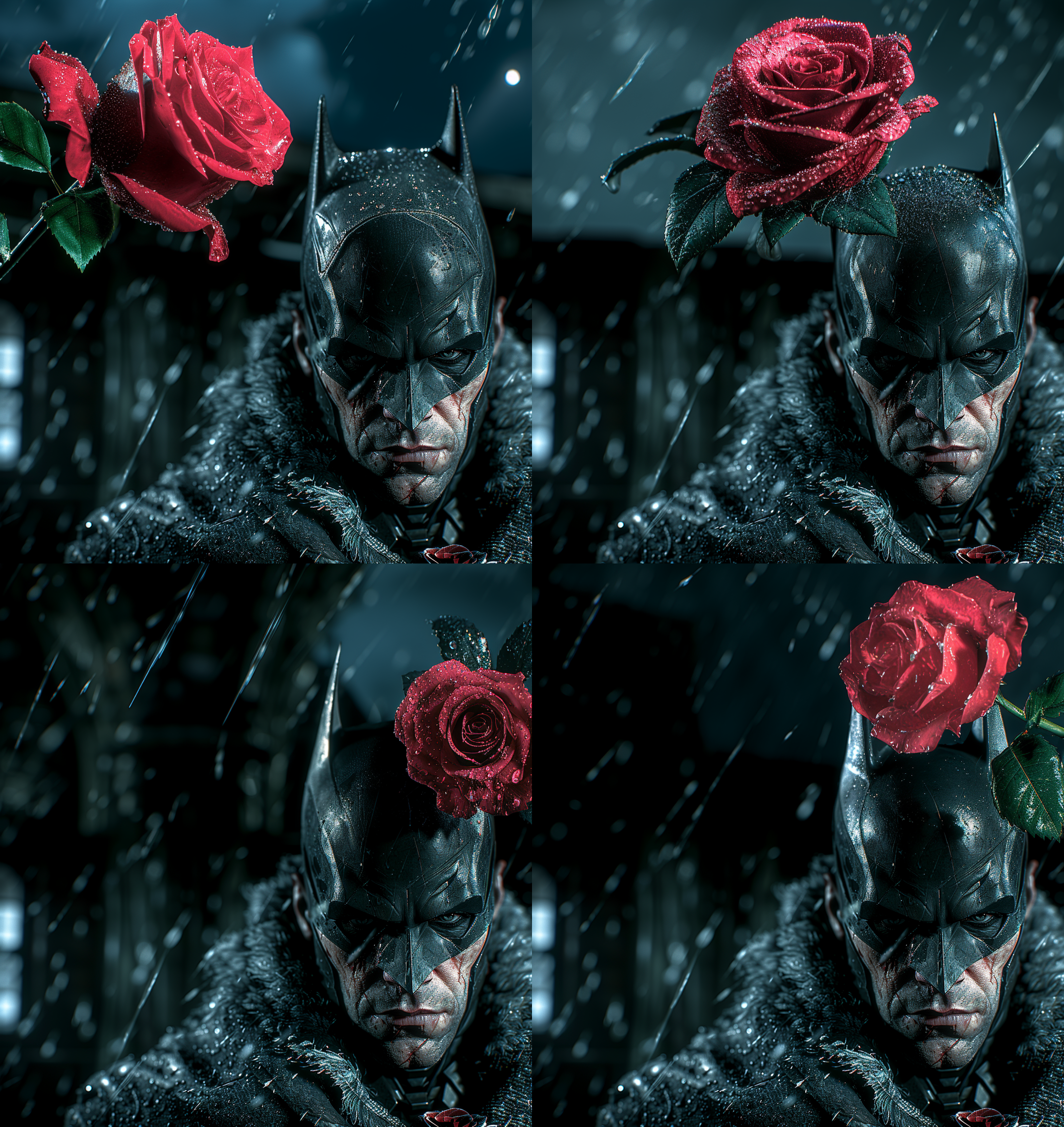 帅气的蝙蝠侠，手拿玫瑰花，看着镜头，背景有大海，全身照 海滩 正视 星空