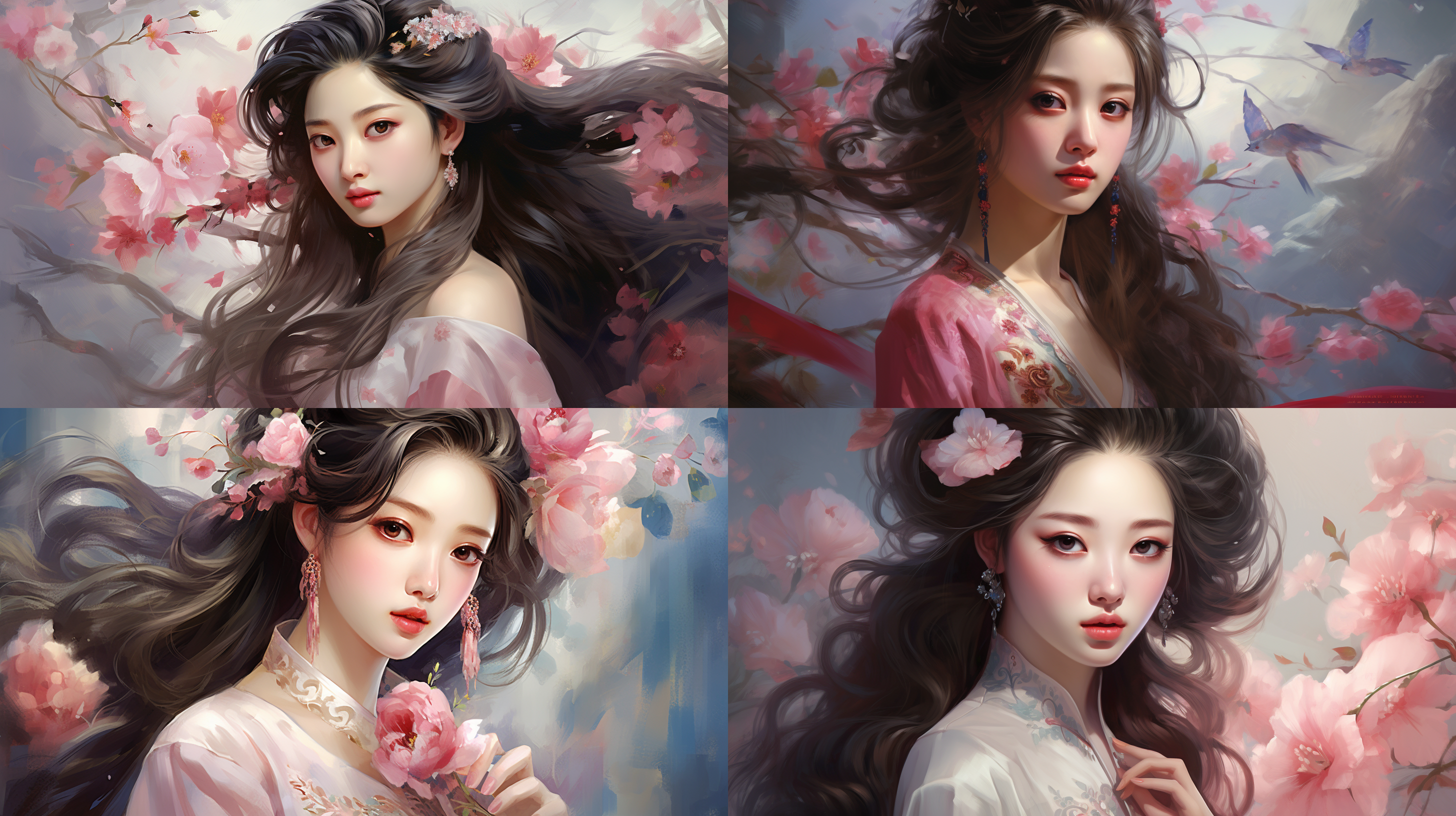 一个年轻的中国女孩，立体感，长发，蓝色眼睛，红唇，精致的五官，项圈，穿着漂亮的粉色衣服，自信的造型风格，中国画风格，洛可可式粉彩风格，漫画艺术，玫瑰花花朵，精致的花朵，丰富的背景，线条优美且流畅，tyndall效应，松散飘逸，详细描述，最佳画质，8k，超清晰