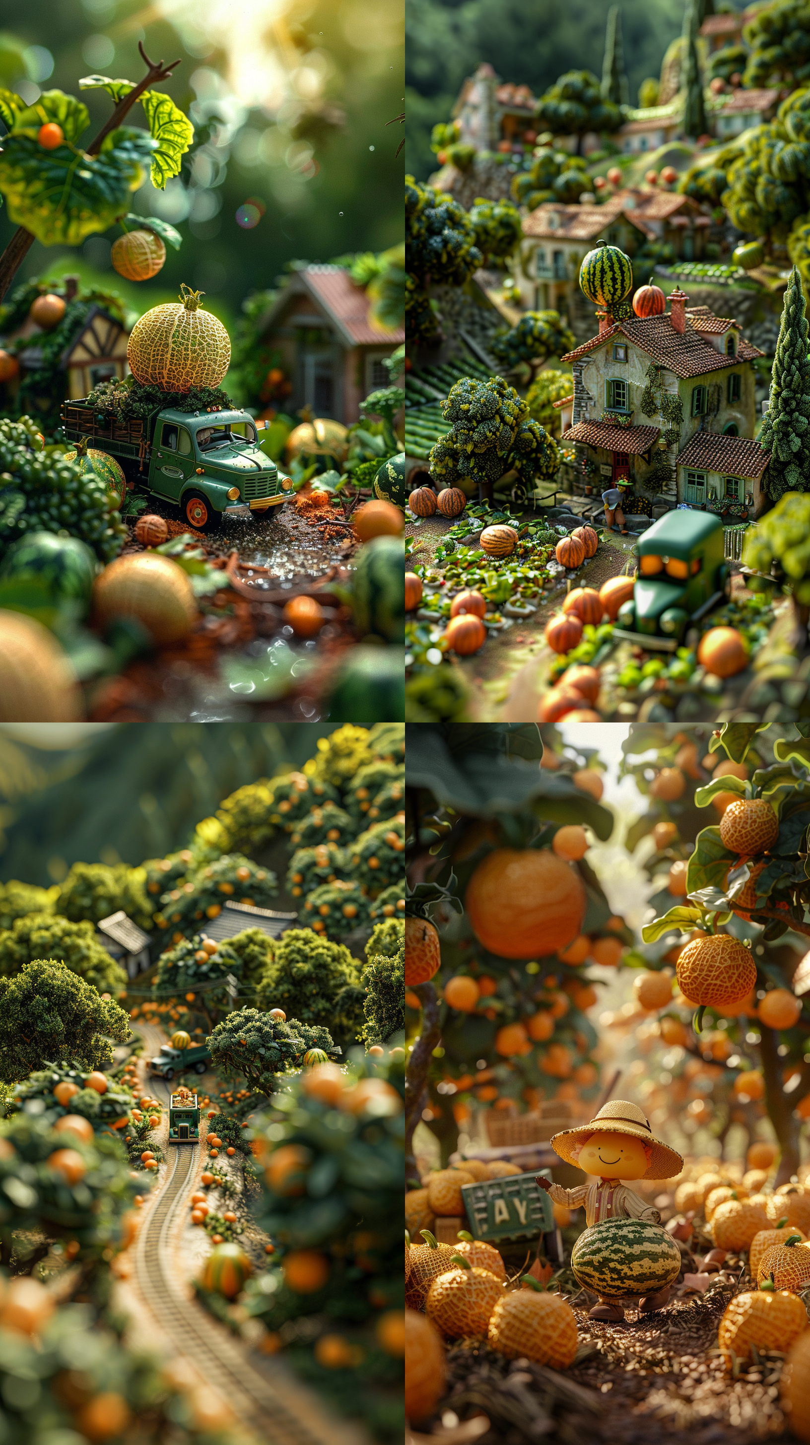 micro creative photography，reticulated melon，realistic characters，orchard，the farmer is carrying reticulated melon，green truck,fine country houses，tilt shift，excellent lighting，landscape，voume，brush rendering，3d，super detail 8k