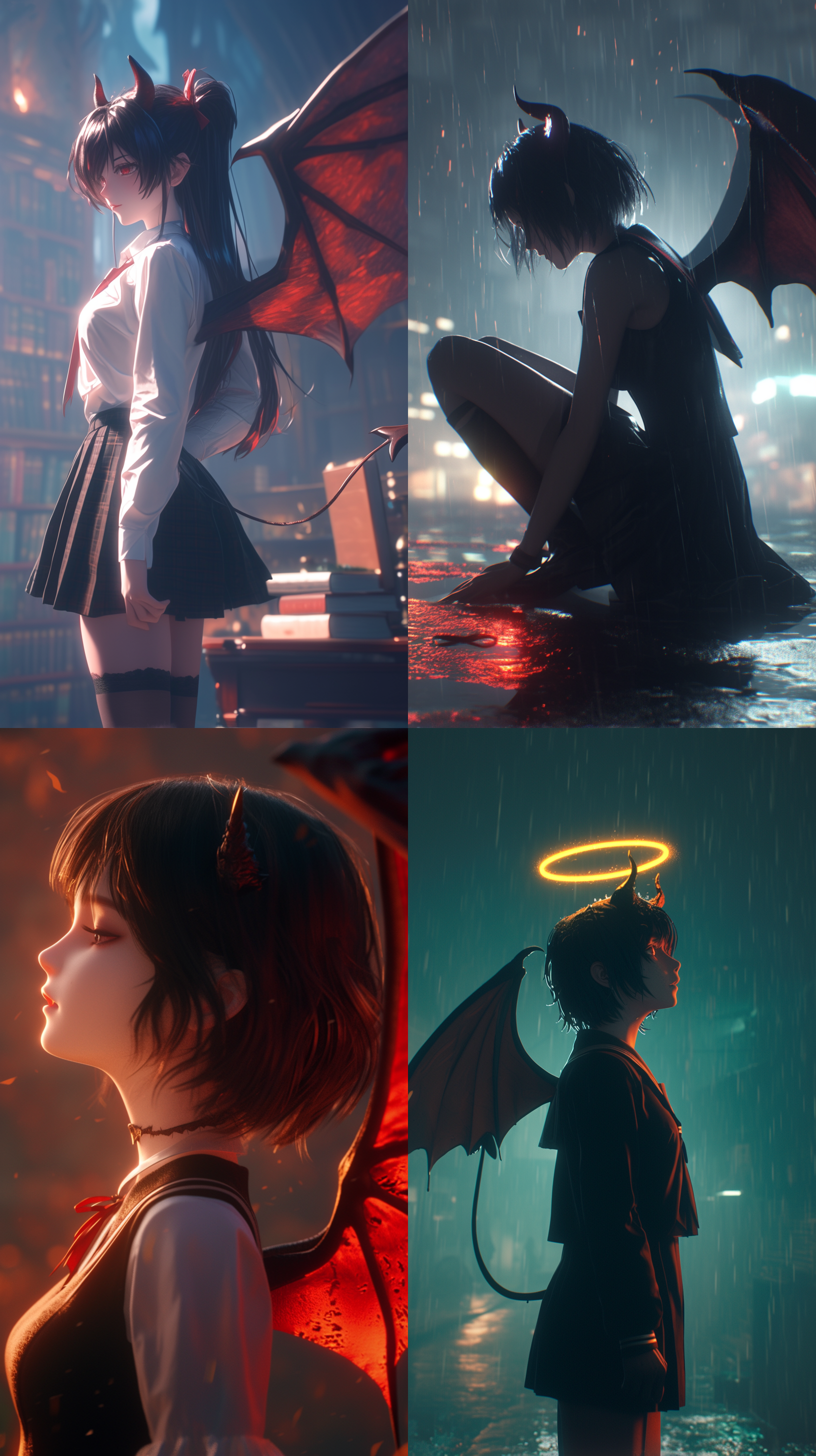 小恶魔系女孩，jk制服，恶魔翅膀微张，俏皮发饰，侧脸微笑，神秘氛围，暗调背景，柔光效果，微距镜头，细节丰富，红黑配色，诱惑与纯真并存。 动画艺术 虚幻引擎 新海诚风格 雨天背景 并列构图 电影灯光 伊利亚 盖伦 真昼 库沙特