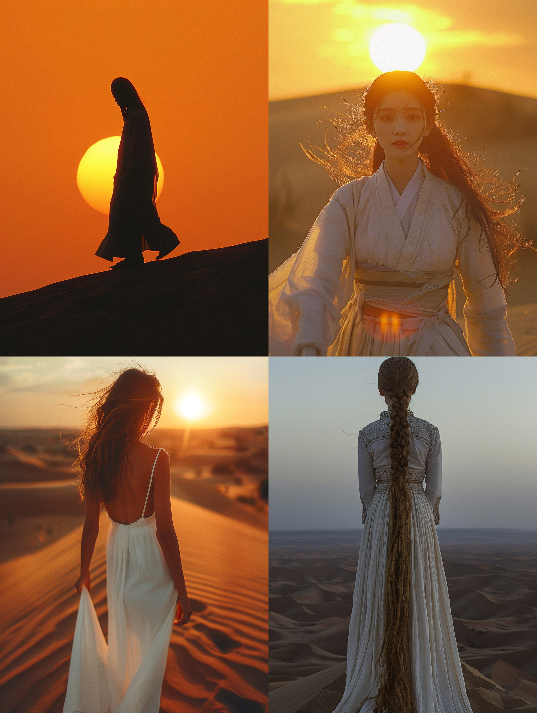 沙漠落日余晖，汉服美女，起沙丘顶端，背对回眸，长发飘逸，肌肤如雪，大步前行，长焦镜头，逆光剪影，细腻质感，温暖色调，英姿飒爽，眼神明亮，鼻尖挺拔，户外探险，自然风光，历史韵味，现代美感，动静结合，光影交错，情感深邃。