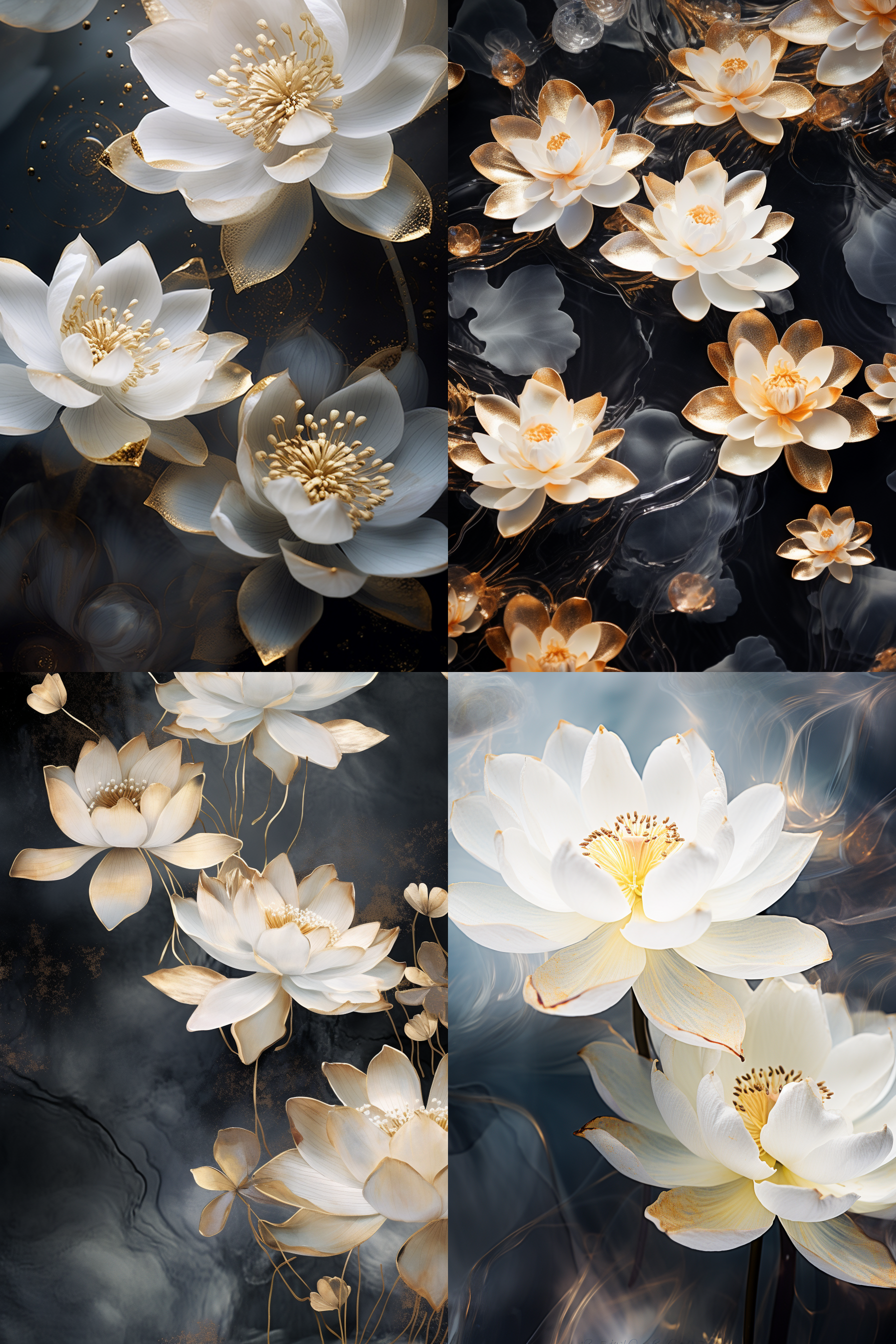 荷花荷叶梦幻细节，主体底部，白色深金色，超现实水面，特写，空灵插画，轻薄面料，细腻，黑白金三色，细节丰富，梦幻氛围，超现实感，特写效果，空灵美感，细腻质感，黑白金对比。