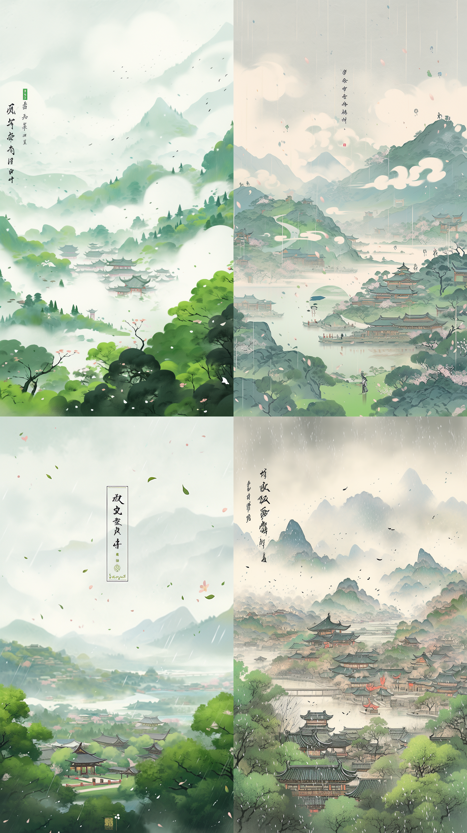 清明节海报，春雨润山，绿树成荫，远山朦胧，传统服饰，手持鲜花，祭祖扫墓，樱花盛开，粉瓣飘落，纸鸢点缀，绿意盎然，阴天背景，偶有细雨，彩色线条平涂风格，绿色调为主，俯瞰视角，梵高画风，天空俯视。