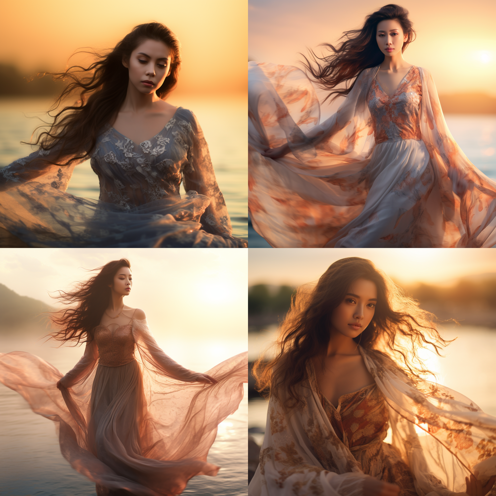 摄影级别的、杰作，最好的品质，8k像素，hdr,raw 照片，高分辨率，模糊的背景、焦外成像，水天一色的世界，迎面走来一位中国女性，浓而密的长发随风飘动，她的长裙如同清晨飘渺的薄雾，朝阳像圣洁的光环一样把她环绕，精致而美丽，空灵的世界，柯达portra 400，胶片颗粒，模糊背景，散景:1.2，镜头光晕，鲜艳的色彩