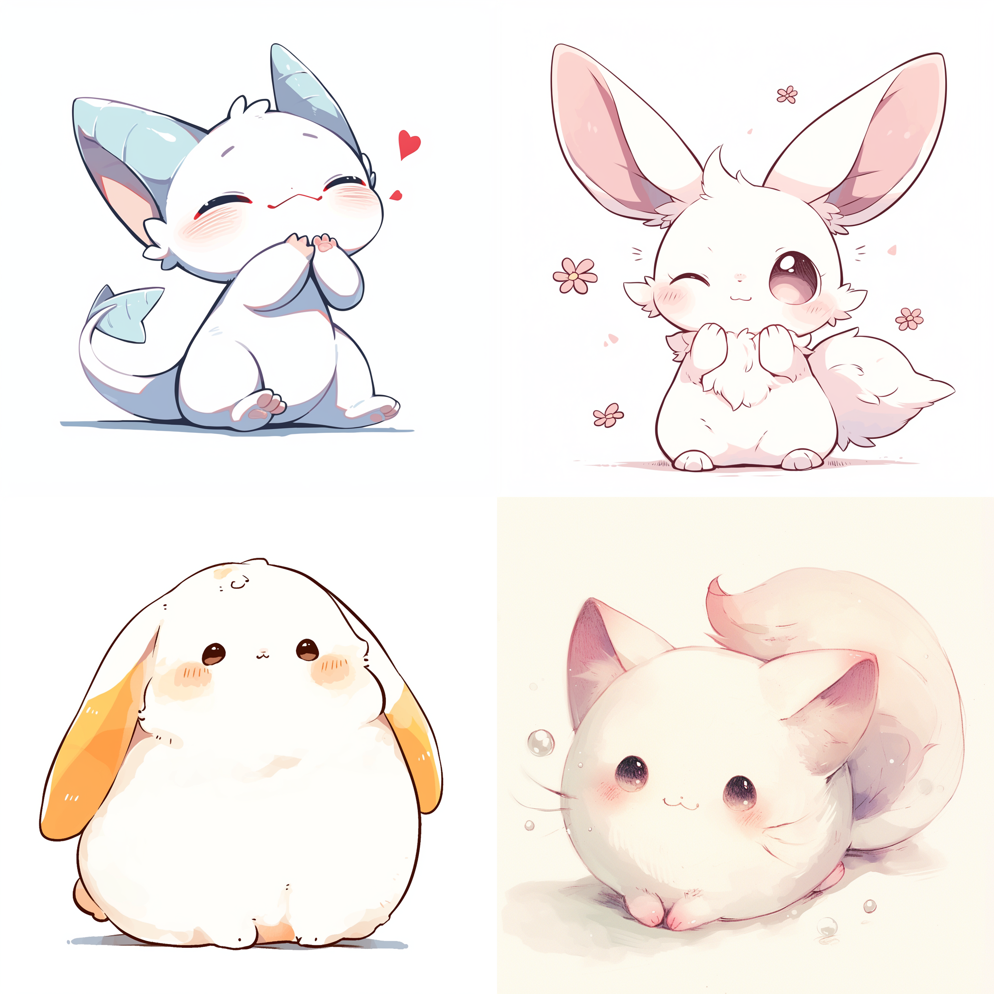 背景白色，幻想可爱生物线稿图，简洁线条，卡通风格，大眼睛，微笑表情，圆润身体，轻盈姿态，柔和阴影，细腻笔触，温馨氛围，清新色彩。