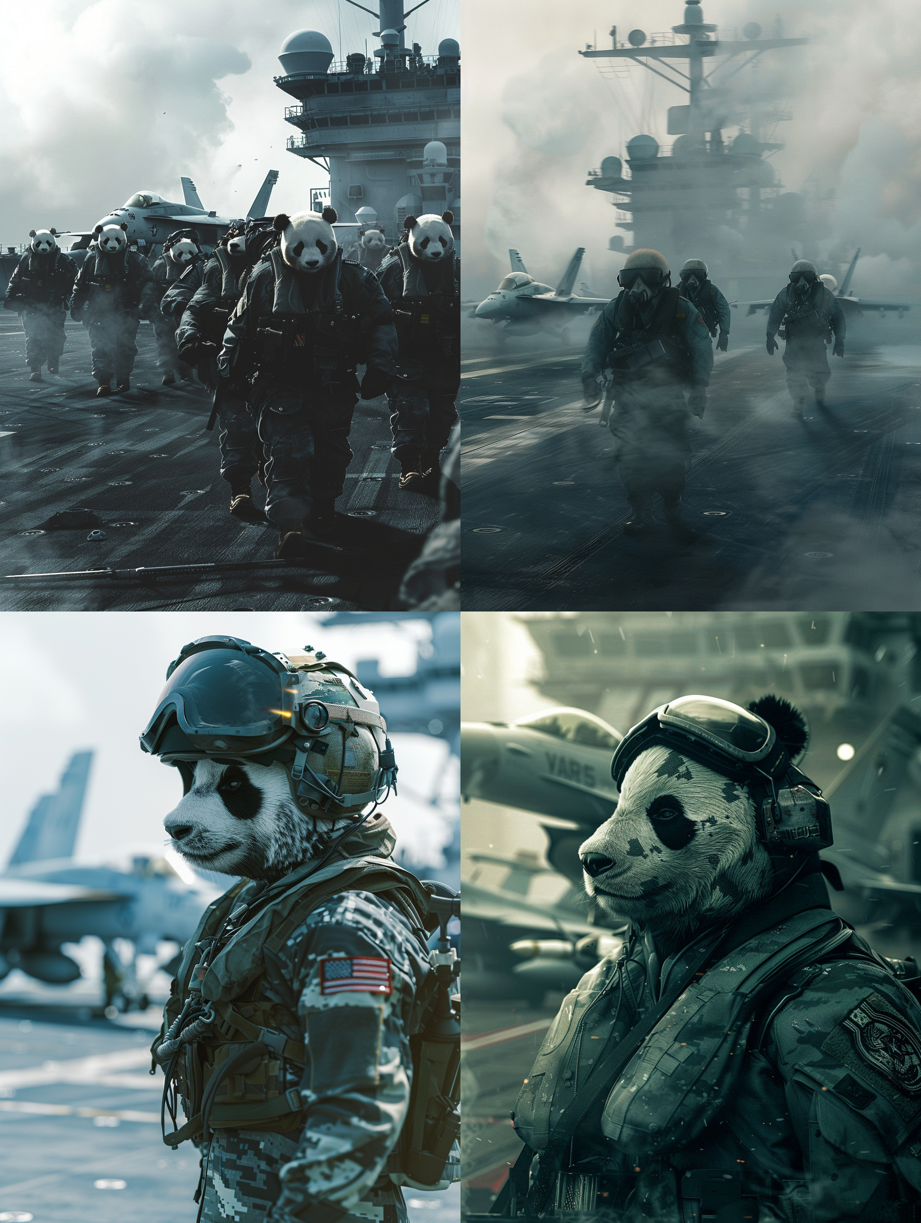大熊猫士兵，军装整齐，航空母舰甲板，战斗机列阵，伤痕累累，坚定表情，视死如归，战争氛围，长焦镜头，低角度，硬光，冷色调，动态模糊，紧张气氛。