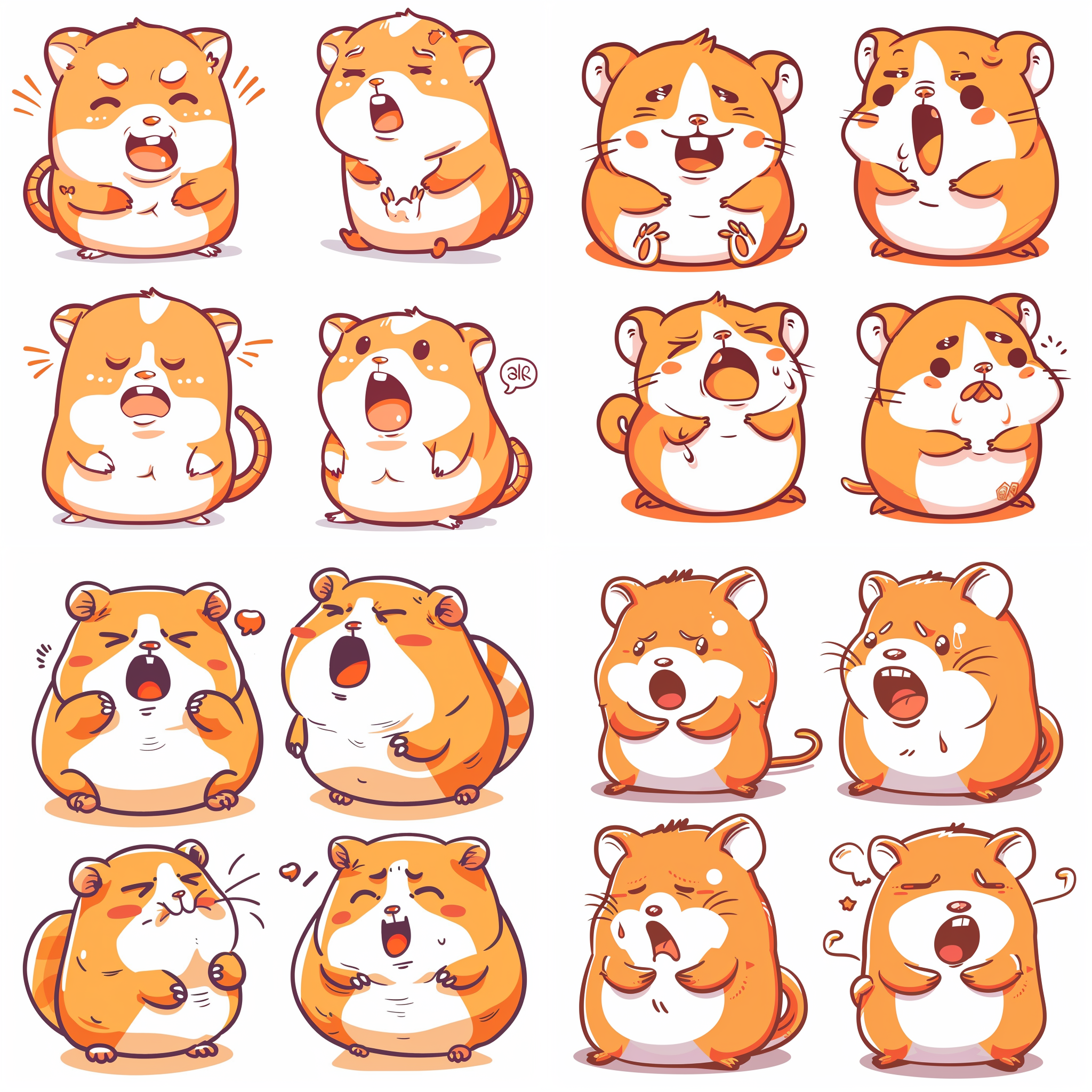 仓鼠吉祥物，多姿势表情，开心伤心生气，纯线插图，纯色填充，圆胖可爱，简洁线条，明亮色彩，商业广告，卡通插画，品牌形象，动态捕捉，平面设计，柔和光线，温馨氛围，亲和力，活泼生动。