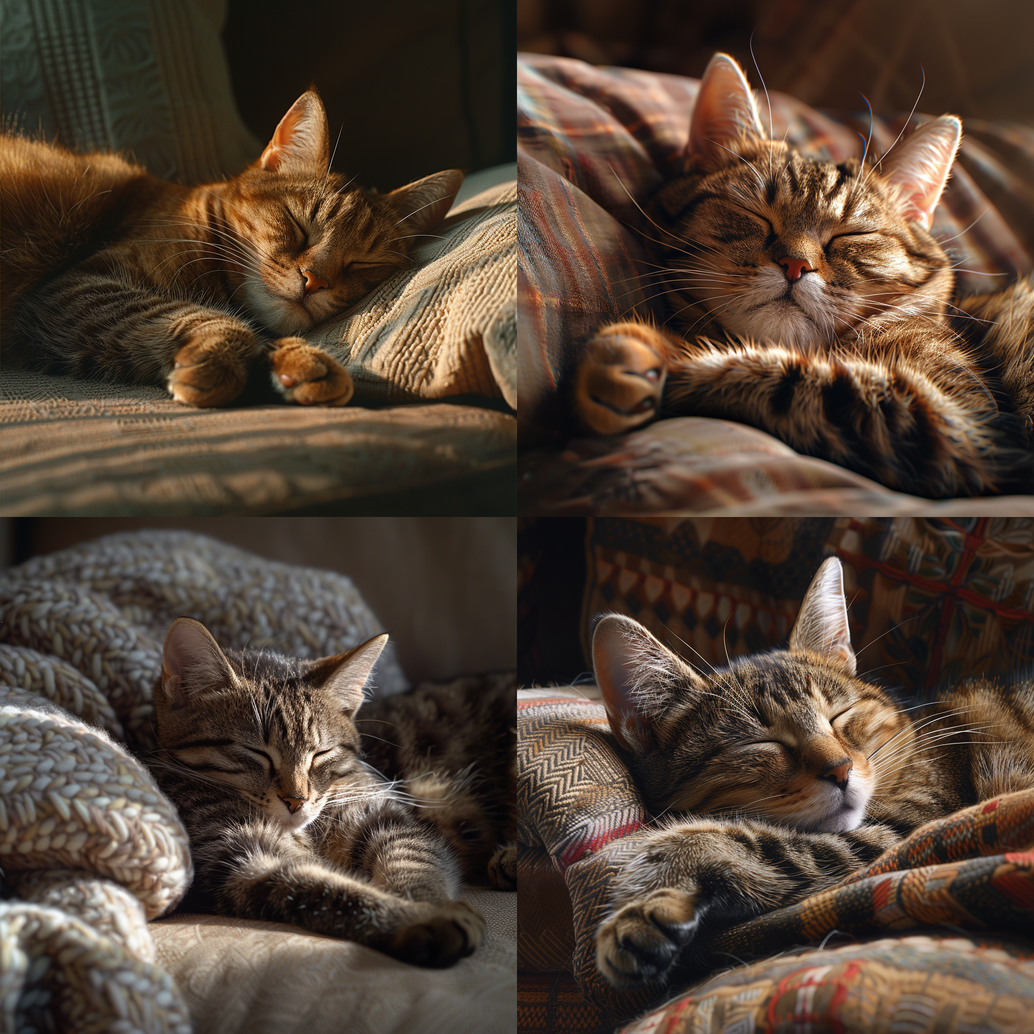 可爱的花猫猫咪趴在沙发上打盹，睡姿可爱，古怪，阳光光线，室内真实光线，写实，现实风格，超高清