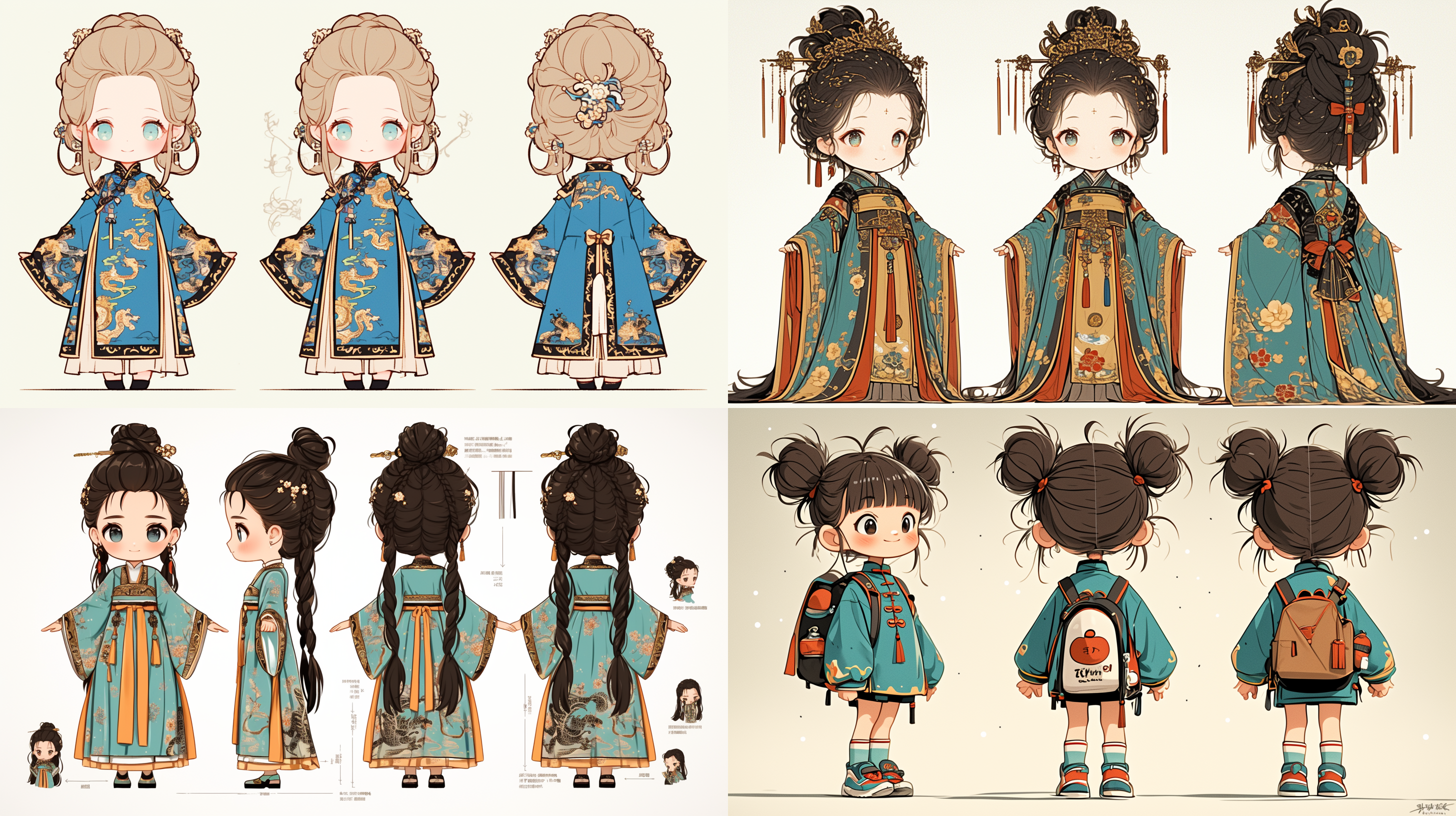 全身，生成三个视图，即正面视角、左面视角和后面视角， c4d 渲染器中以可爱的卡通 3d 模型的形式生成超级可爱的女孩，身穿中国传统服饰，橙黄加上少部分青蓝配色，站姿，pop mart的超级可爱ip，hbi，模型，盲盒玩具，精细的光泽，干净的背景，3d渲染，0c渲染，最佳质量，4k，超级细节，pop市场玩具，工作室全身，生成三个视图，即前视图、侧视图和后视图 微笑 站 单人 超级高分辨率 大文件