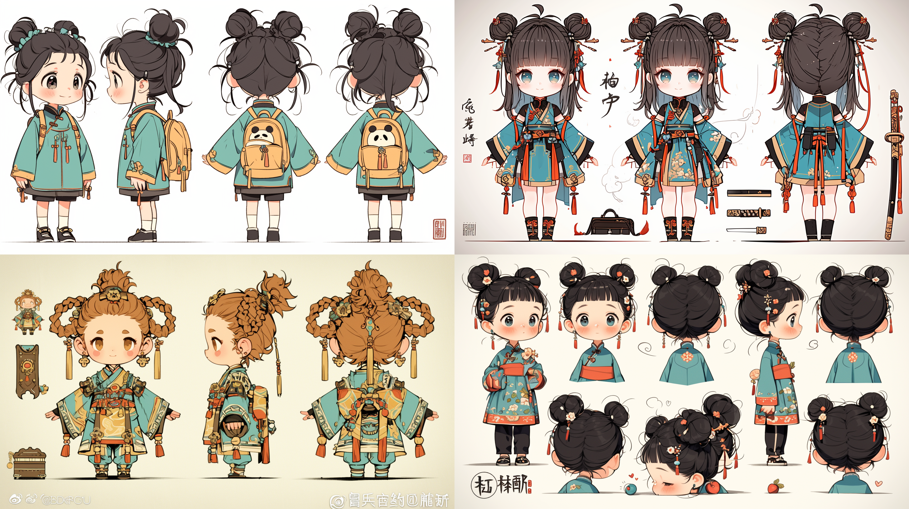 全身，生成三个视图，即正面视角、左面视角和后面视角， c4d 渲染器中以可爱的卡通 3d 模型的形式生成超级可爱的女孩，身穿中国传统服饰，橙黄加上少部分青蓝配色，站姿，pop mart的超级可爱ip，hbi，模型，盲盒玩具，精细的光泽，干净的背景，3d渲染，0c渲染，最佳质量，4k，超级细节，pop市场玩具，工作室全身，生成三个视图，即前视图、侧视图和后视图 微笑 站 单人 超级高分辨率 大文件