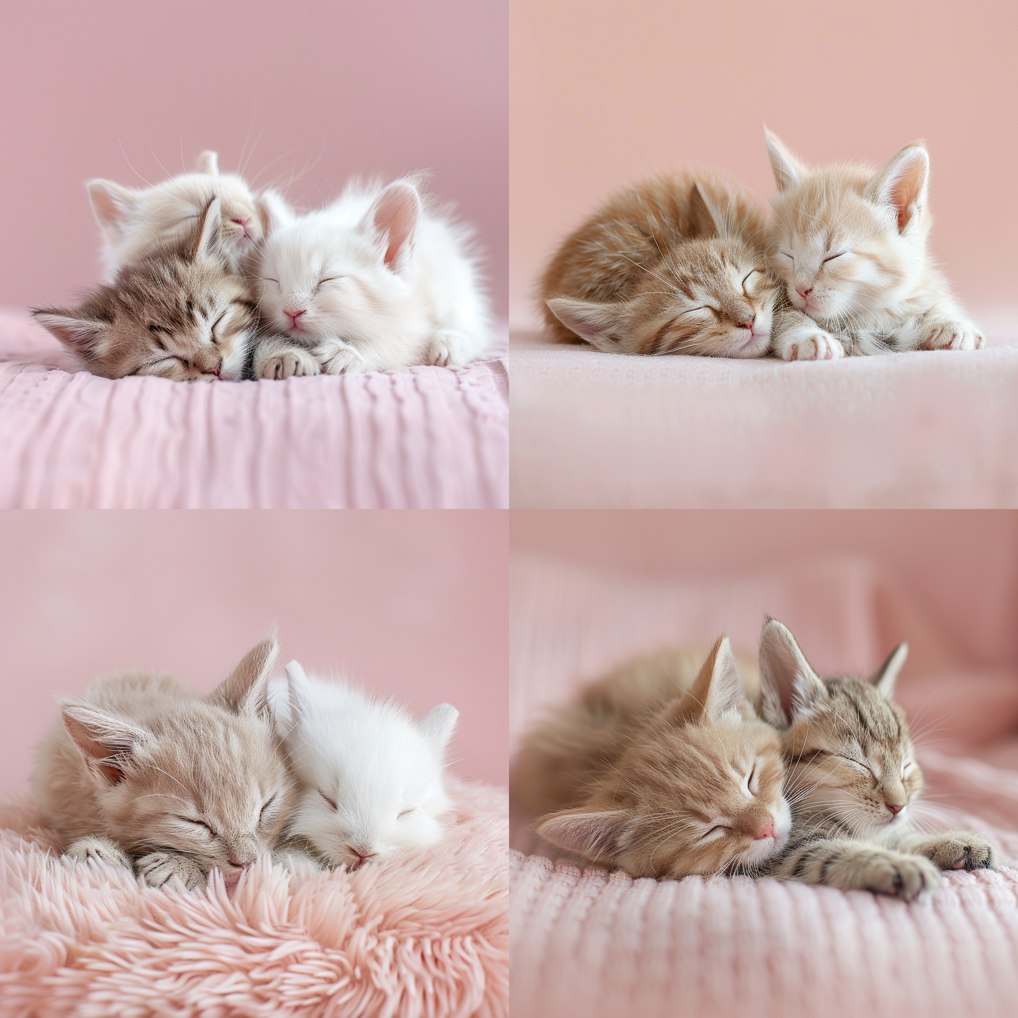 小猫和小兔子在睡觉，居中构图，浅粉色纯色背景，细节突出，静态，柔和光线，可爱，温暖，放松，清新。,