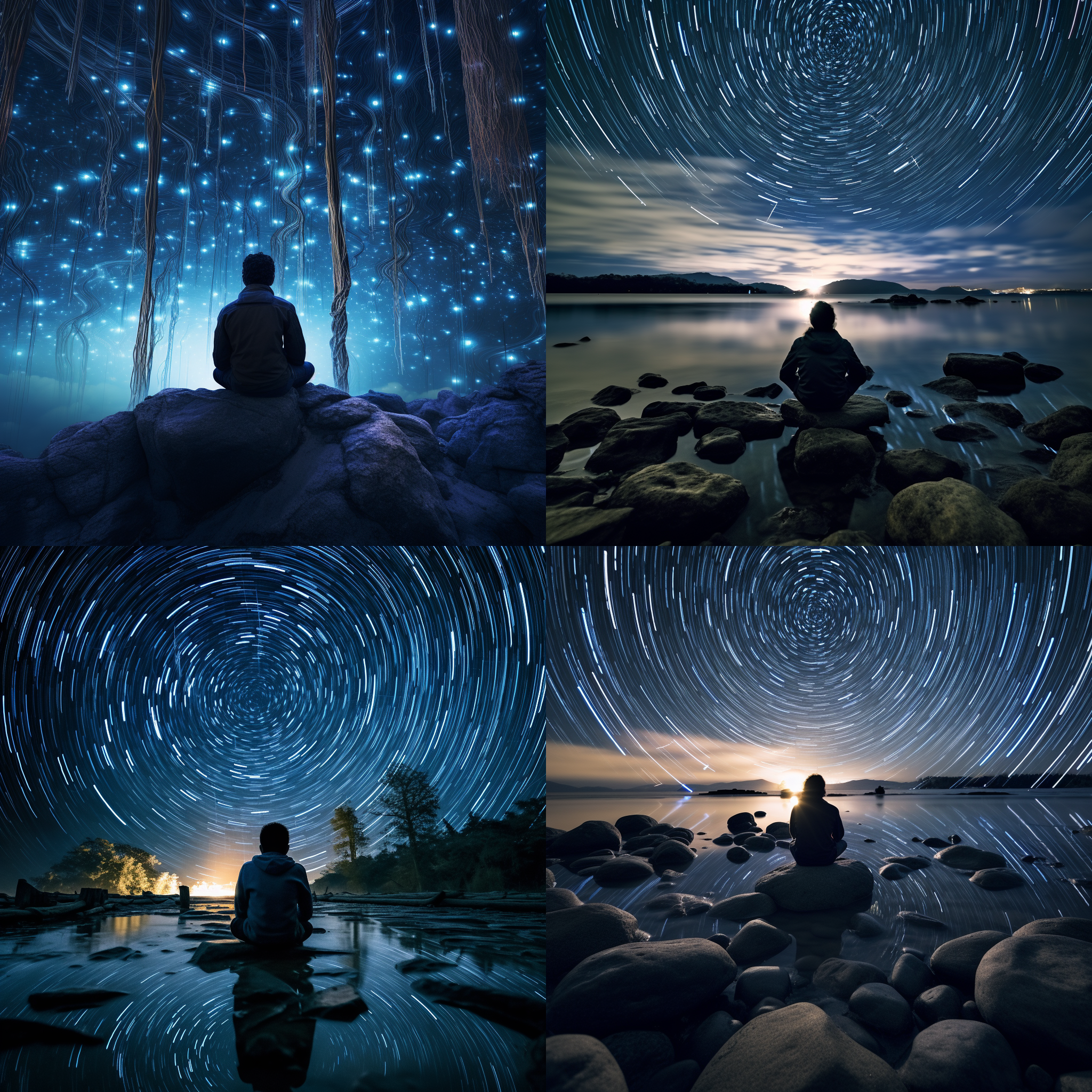 星空下的沉思者，仰望银河，广袤宇宙，长曝光，星轨，冷色调，超广角镜头，低光环境，自然光，静谧，深邃，宁静，神秘。